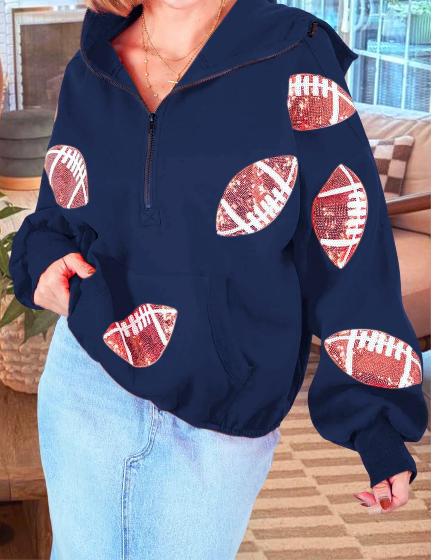 SeekMe Women Game Day Sweatshirt Sequin Football Hoodies Pullover Fall Top