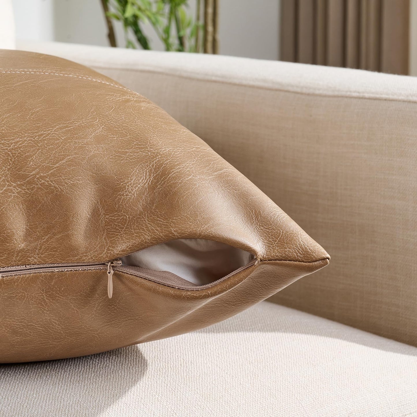 Fancy Homi Brown Boho Long Lumbar Faux Leather Body Decorative Throw Pillow Cover 14x36 Inch for Bedroom Couch Bed Bench, Thick Stylish Solid Rectangle Pillowcase, Rustic Modern Farmhouse Room Decor