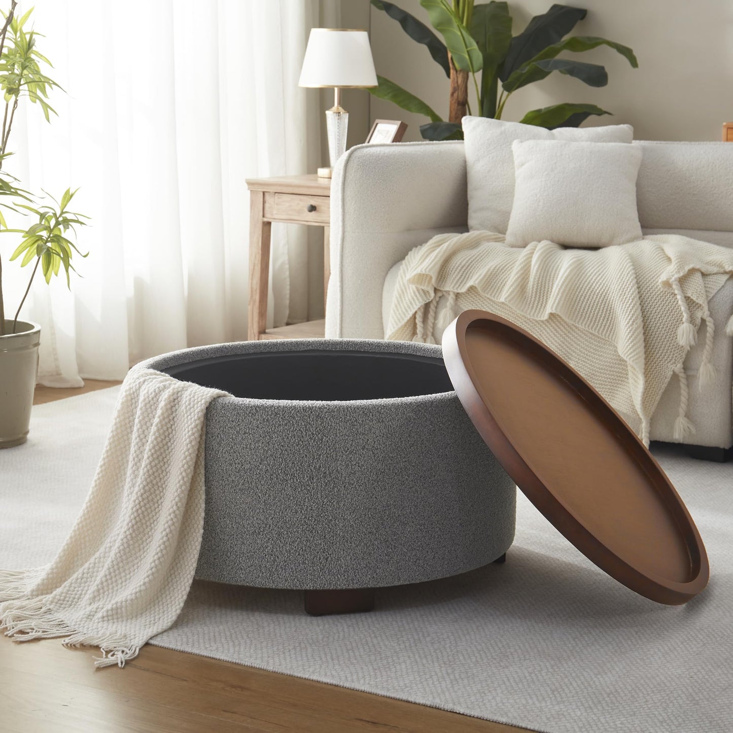Zihanhome 30 Inch Round Storage Ottoman, Ottoman Coffee Table with Lift Off Lid, Boucle Modern Ottomans with Storage for Living Room, Bedroom, Apartments (Green)