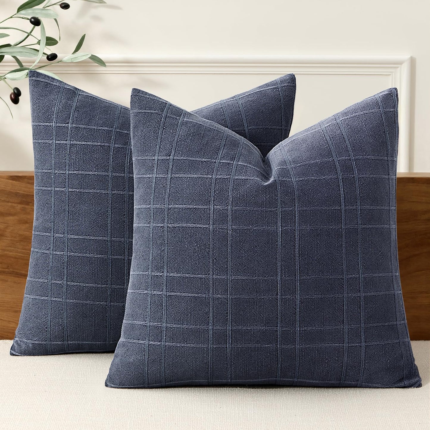 MIULEE Linen Plaid Pillow Covers Decorative 18x18 Dark Olive Green