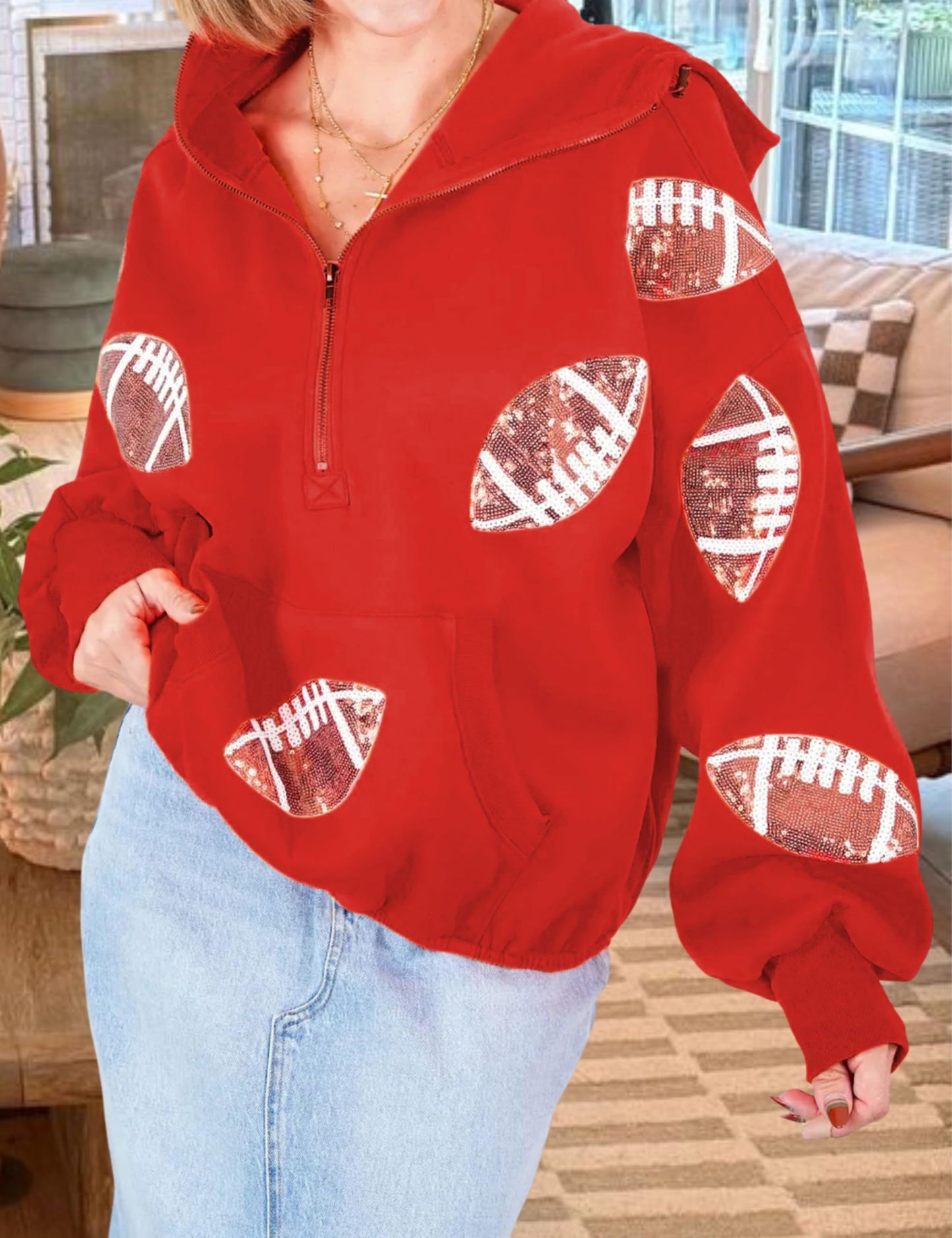 SeekMe Women Game Day Sweatshirt Sequin Football Hoodies Pullover Fall Top