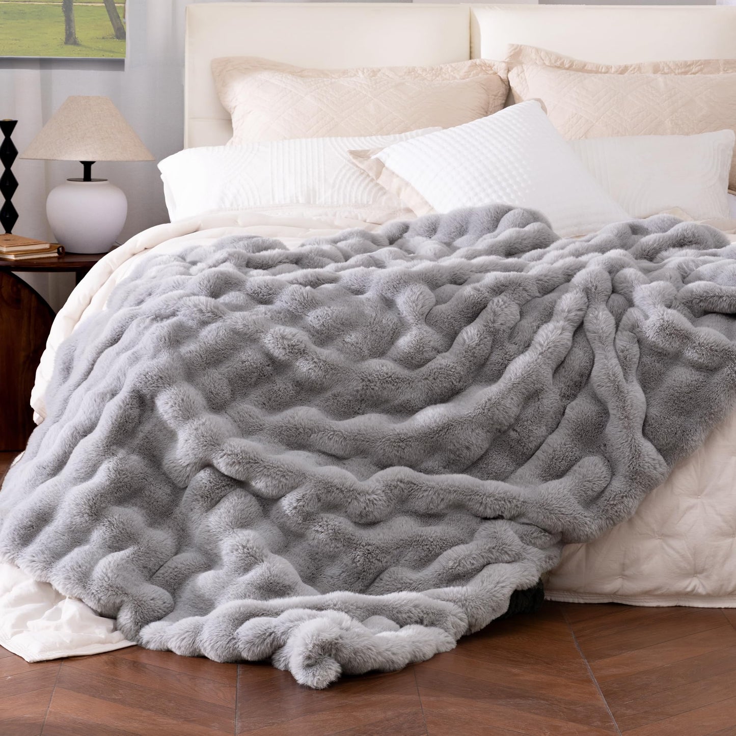 Ultra Soft Cozy Faux Fur Throw Blanket, Fuzzy Plush Thick Bubble Blanket, Oversize Luxury Fluffy Blanket for Couch, Sofa, Bedroom, and Living Room, 50x60 Inches, Light Brown