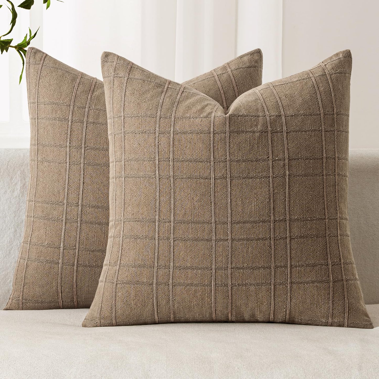 MIULEE Linen Plaid Pillow Covers Decorative 18x18 Dark Olive Green