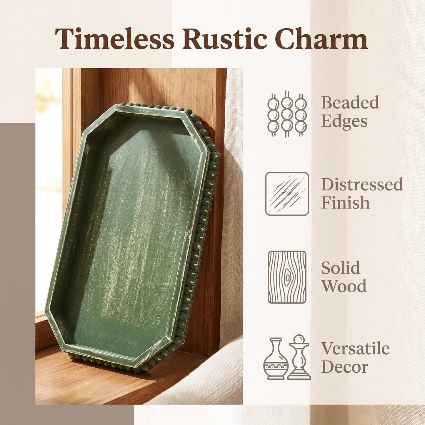 Hrastany Wood Rustic Serving Tray with Beads, Farmhouse Brown Decorative Tray for Table Centerpiece, Christmas Wedding Halloween Home Decor