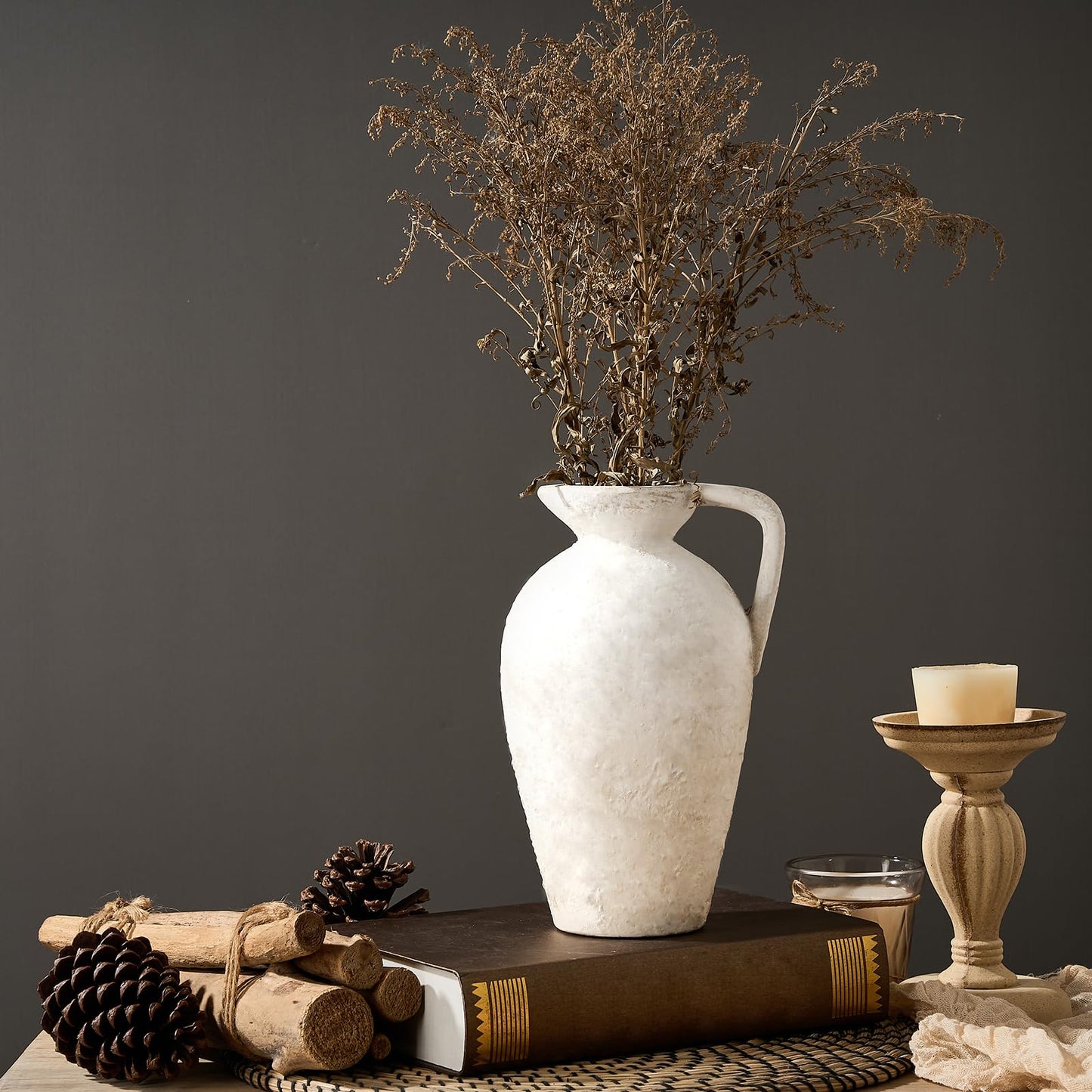 Ceramic Rustic Farmhouse Vase,9.25 inch Terracotta Vase with Handle