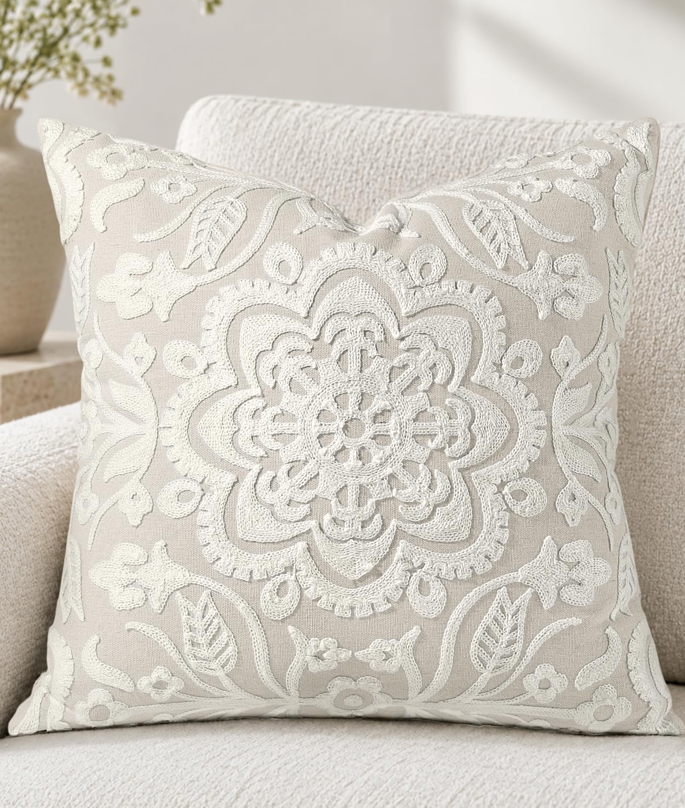 Linen Embroidered Throw Pillow Cover, 18x18 Inch, Khaki Bird