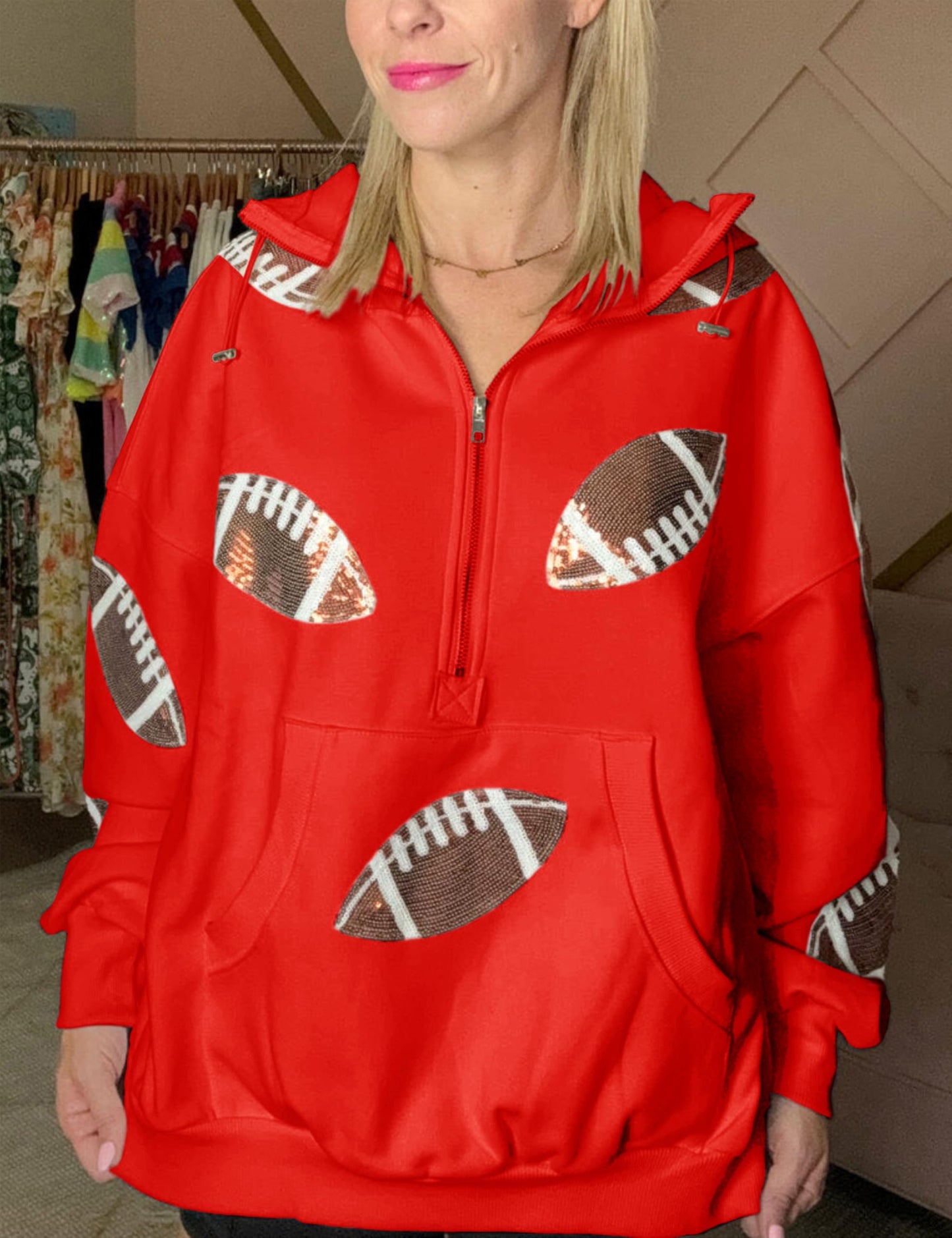 SeekMe Women Game Day Sweatshirt Sequin Football Hoodies Pullover Fall Top