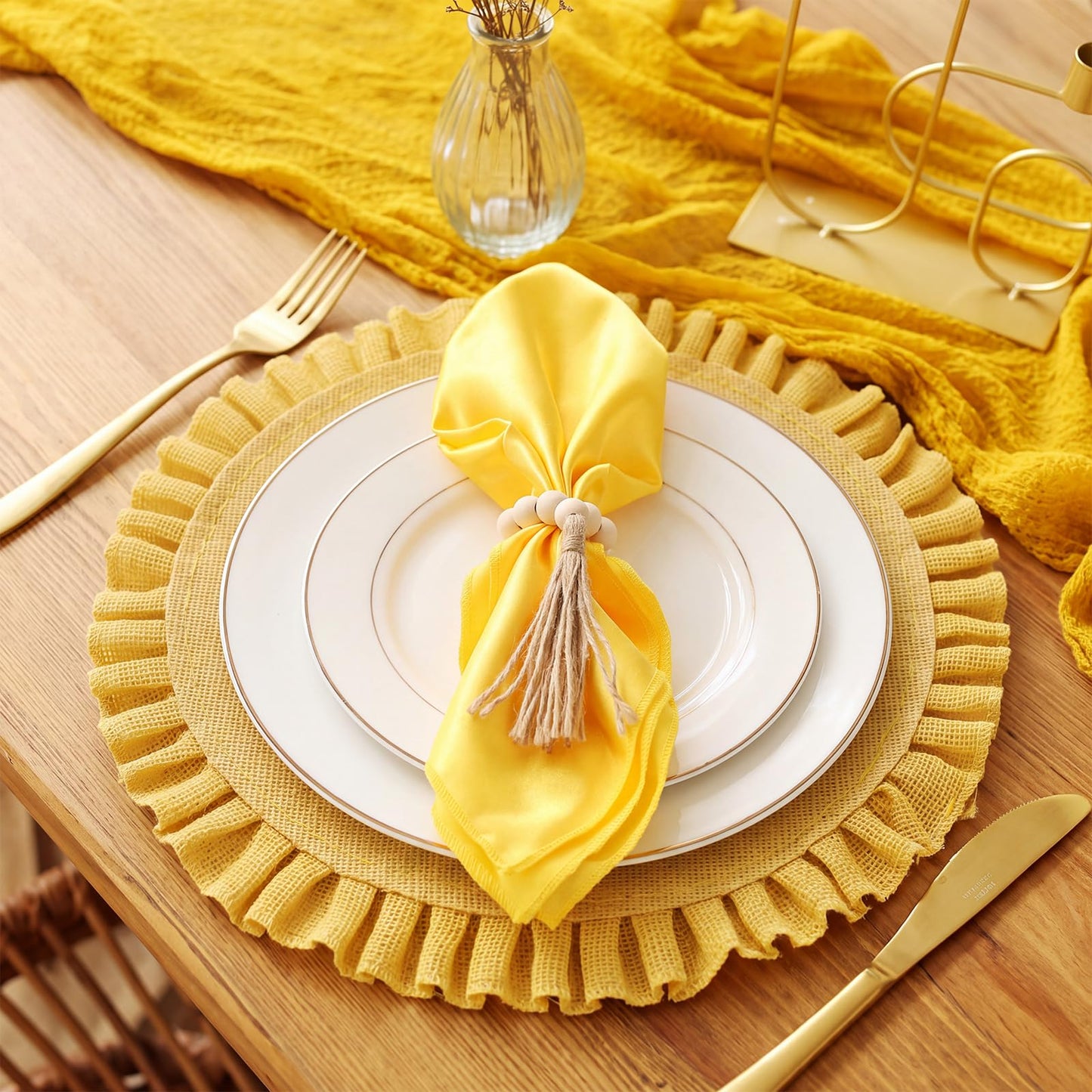 Gejoy 18 Pcs Burlap Placemat Wood Napkin Ring Dinner Napkin, Natural