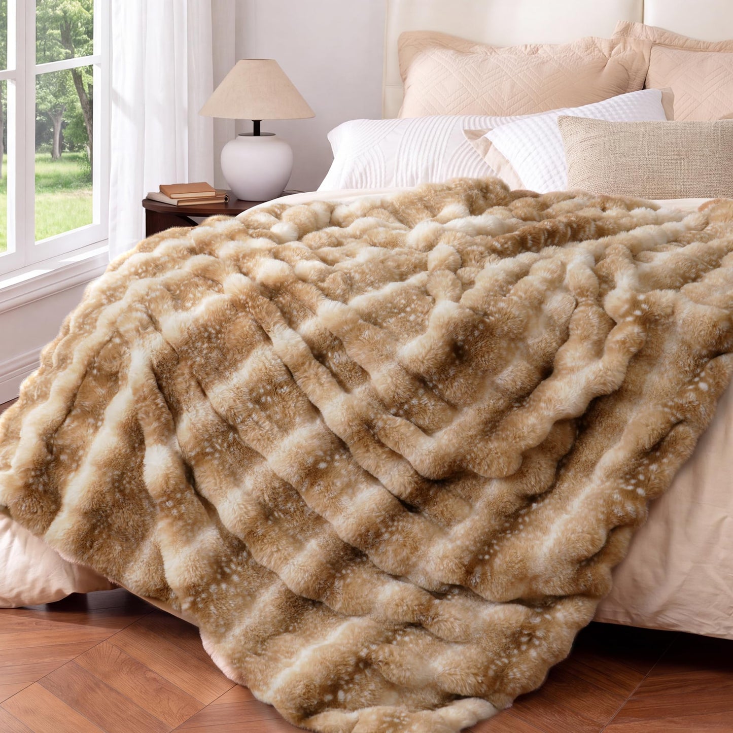 Ultra Soft Cozy Faux Fur Throw Blanket, Fuzzy Plush Thick Bubble Blanket, Oversize Luxury Fluffy Blanket for Couch, Sofa, Bedroom, and Living Room, 50x60 Inches, Light Brown
