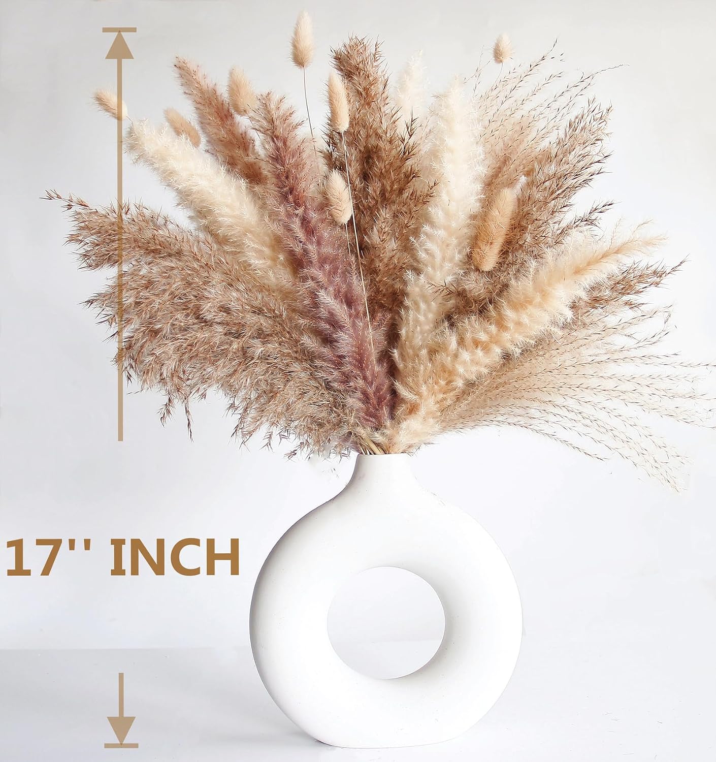 Dried Pampas Grass Decor, 100 Stems Pampas Grass Contains Bunny Tails Dried Flowers, Reed Grass Bouquet for Wedding Boho Flowers Home Table Decor, Rustic Farmhouse Party (17", White and Brown)