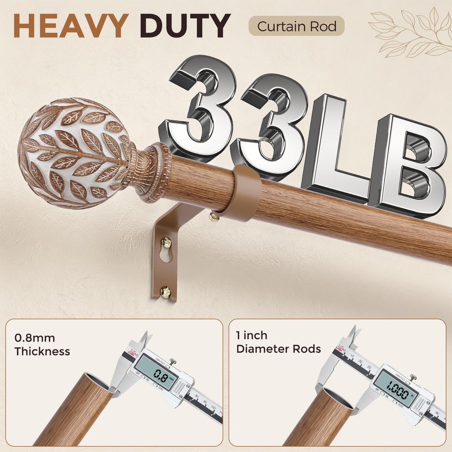 Curtain Rod 36-91 Inch, Boho Wood 1 Inch Curtain Rods for Windows