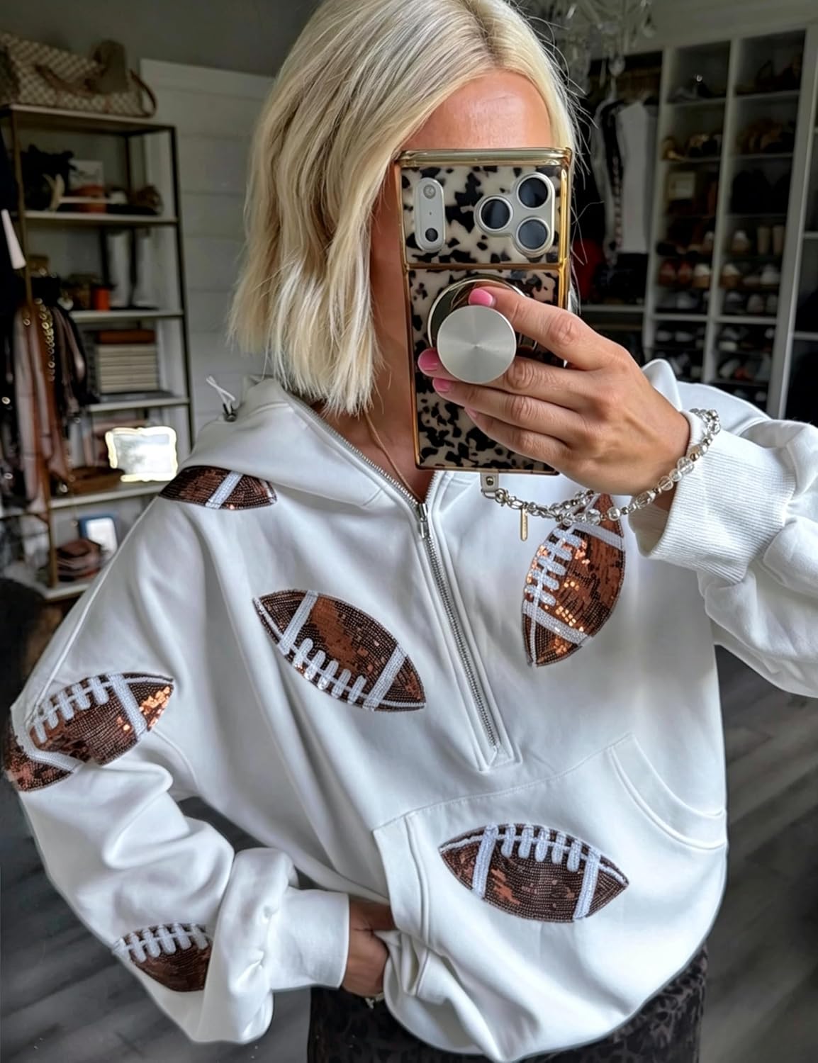 SeekMe Women Game Day Sweatshirt Sequin Football Hoodies Pullover Fall Top