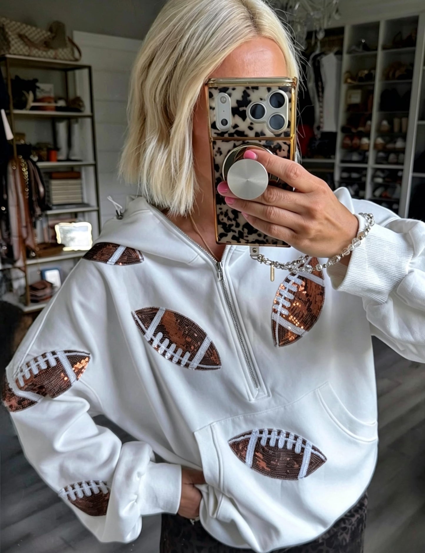 SeekMe Women Game Day Sweatshirt Sequin Football Hoodies Pullover Fall Top