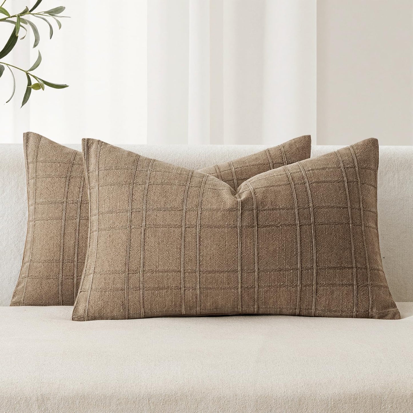 MIULEE Linen Plaid Pillow Covers Decorative 18x18 Dark Olive Green