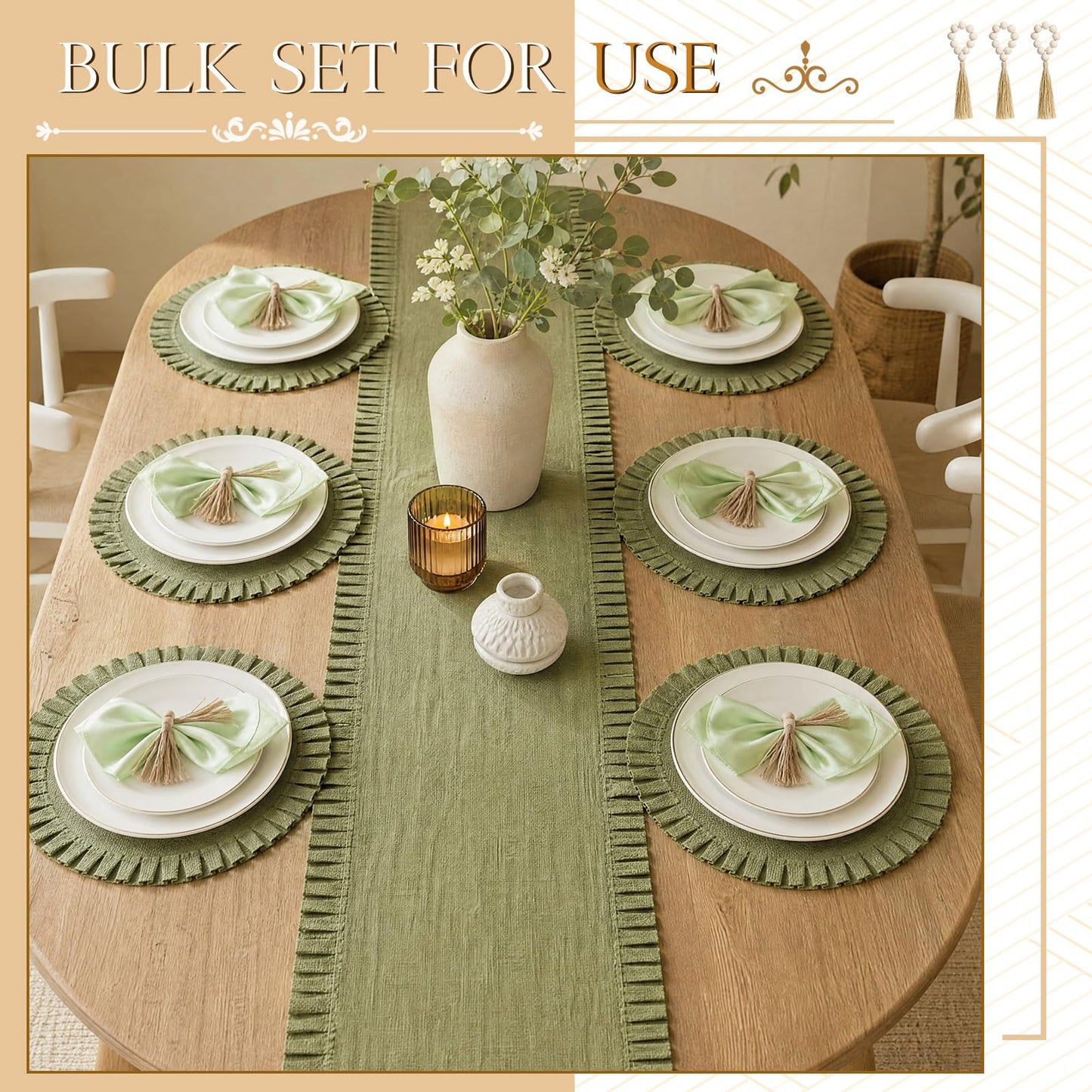 Gejoy 18 Pcs Burlap Placemat Wood Napkin Ring Dinner Napkin, Natural