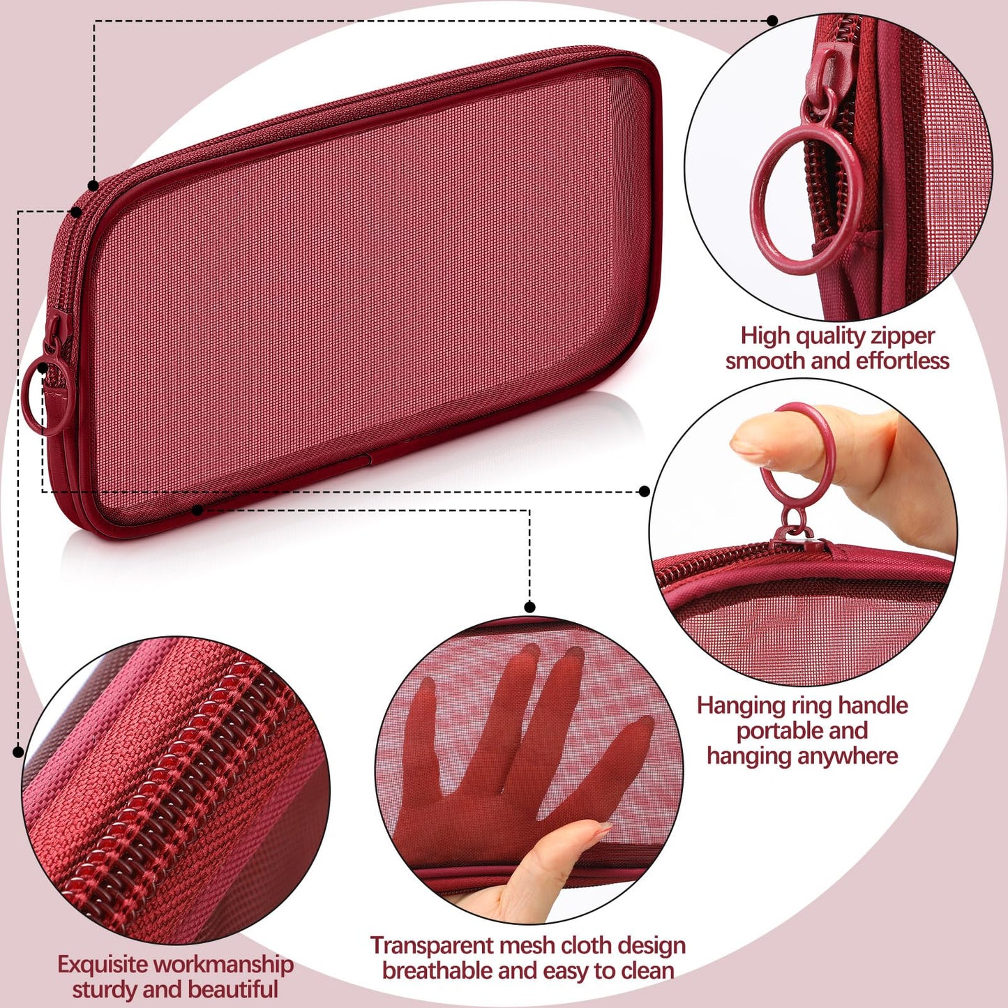 Weewooday 4Pcs Mesh Makeup Bag, Wine Red, Small, Large, Medium, Classic