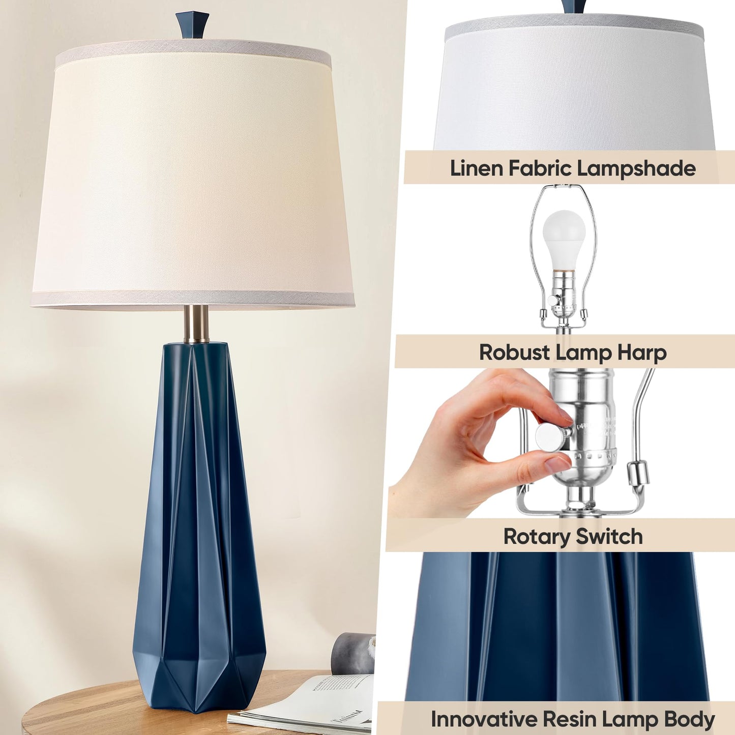 WIHTU 27" Wood Grain Resin Table Lamp Set of 2,Modern Beside Lamp for Decor
