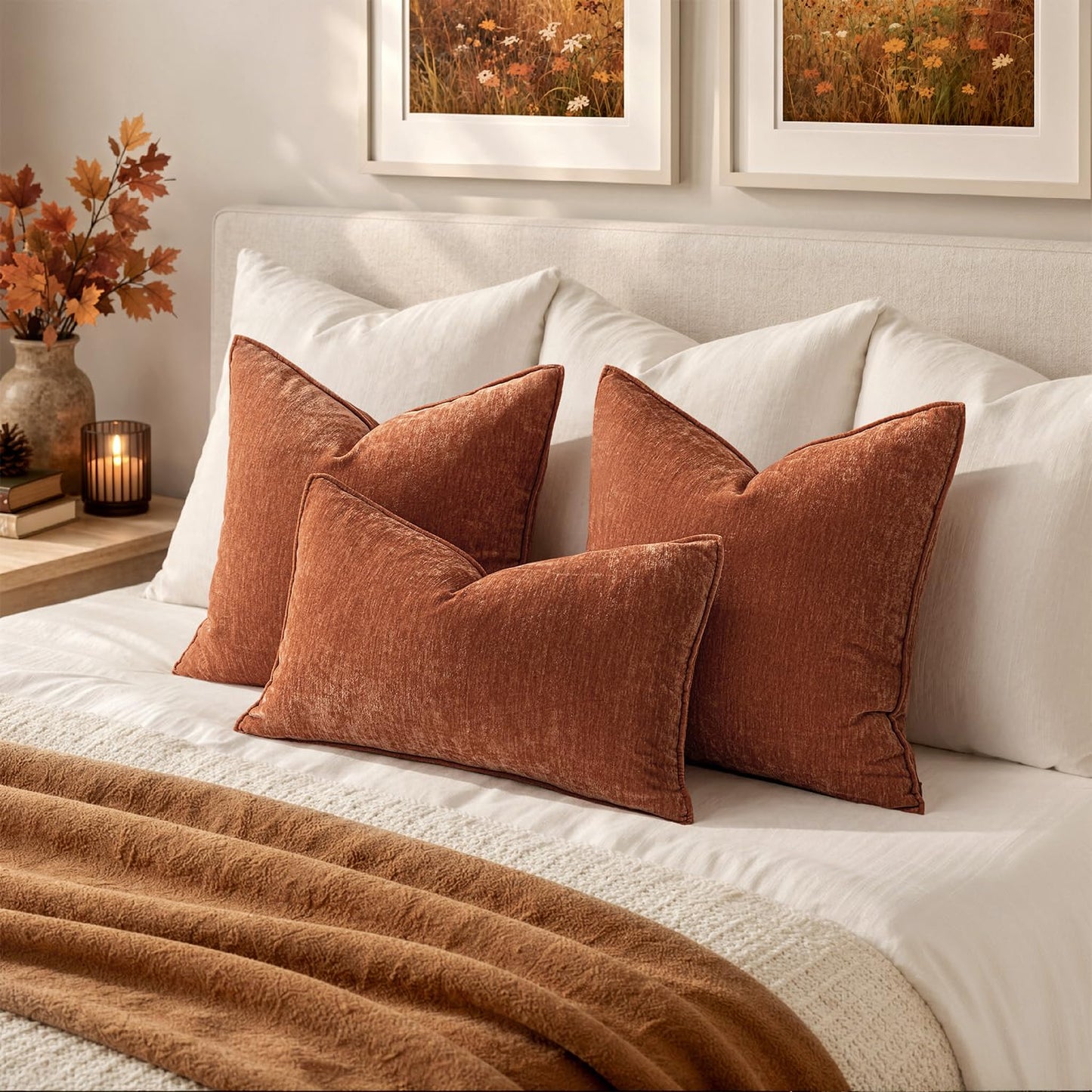 MIULEE Chenille Couch Pillow Covers Fall for Living Room 18x18 Dark Brown