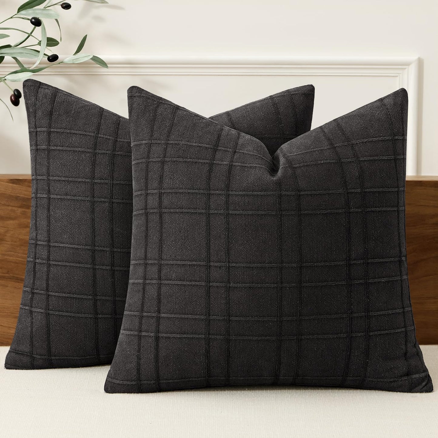 MIULEE Linen Plaid Pillow Covers Decorative 18x18 Dark Olive Green
