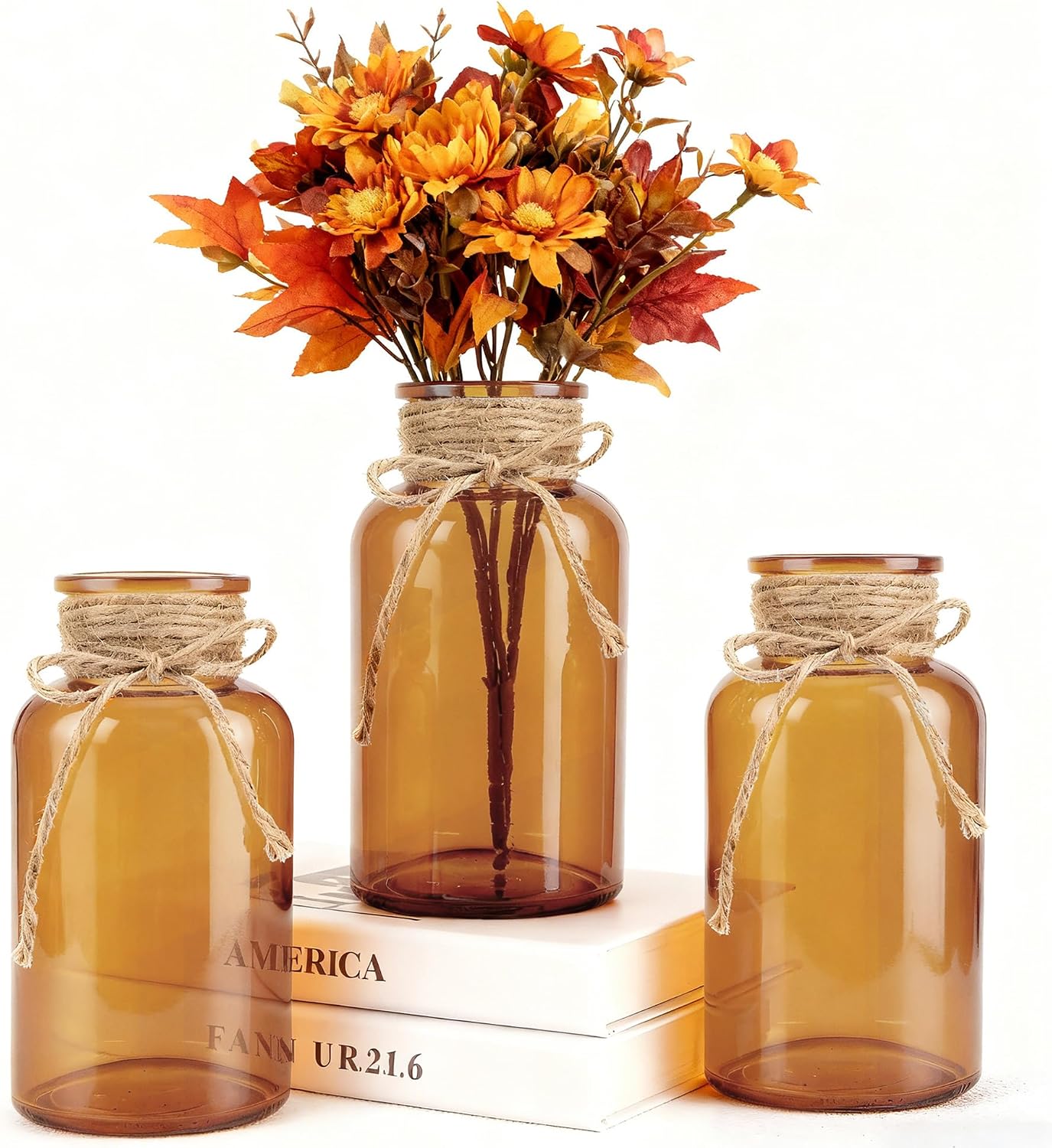 3 Pack Mason Jar Vases for Centerpieces, Amber Glass Flower Vase