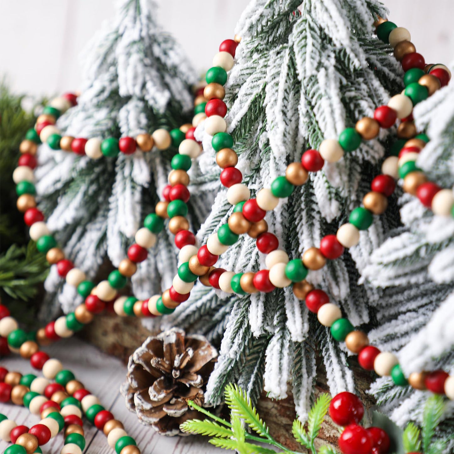 WILLBOND 16 Feet Wood Bead Garland Christmas Tree, Wood Color