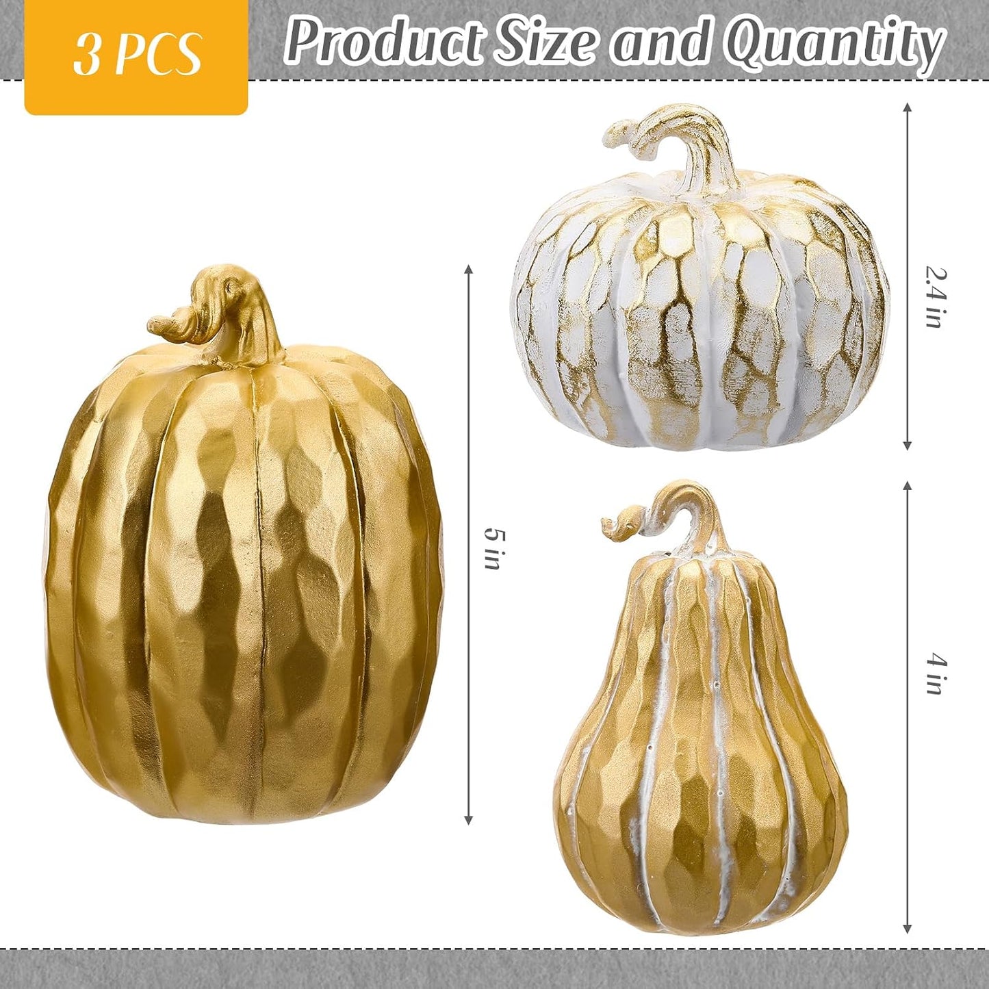 VioraWhite 3 Pack Fall Pumpkin Decor White Gold Resin Pumpkin Figurine