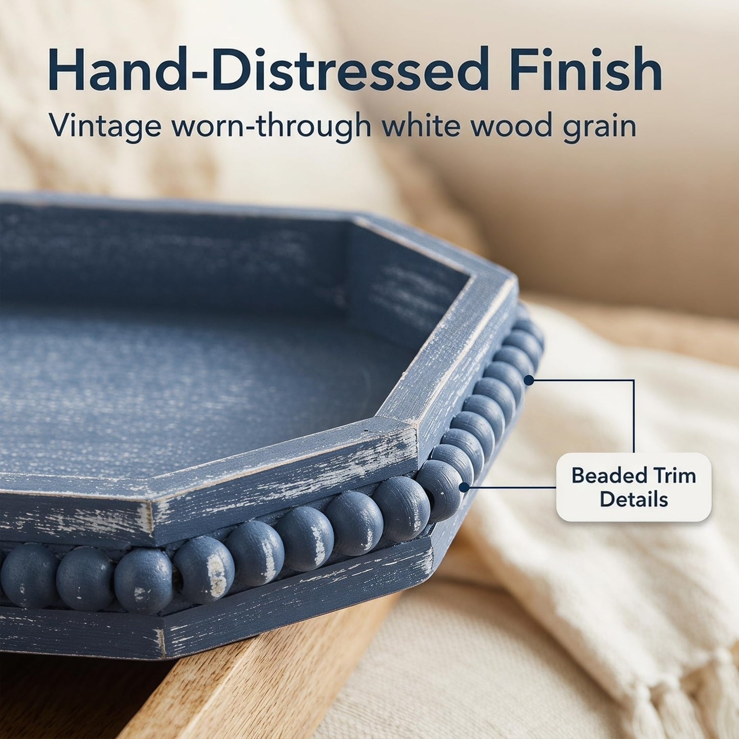 Hrastany Wood Rustic Serving Tray with Beads, Farmhouse Brown Decorative Tray for Table Centerpiece, Christmas Wedding Halloween Home Decor