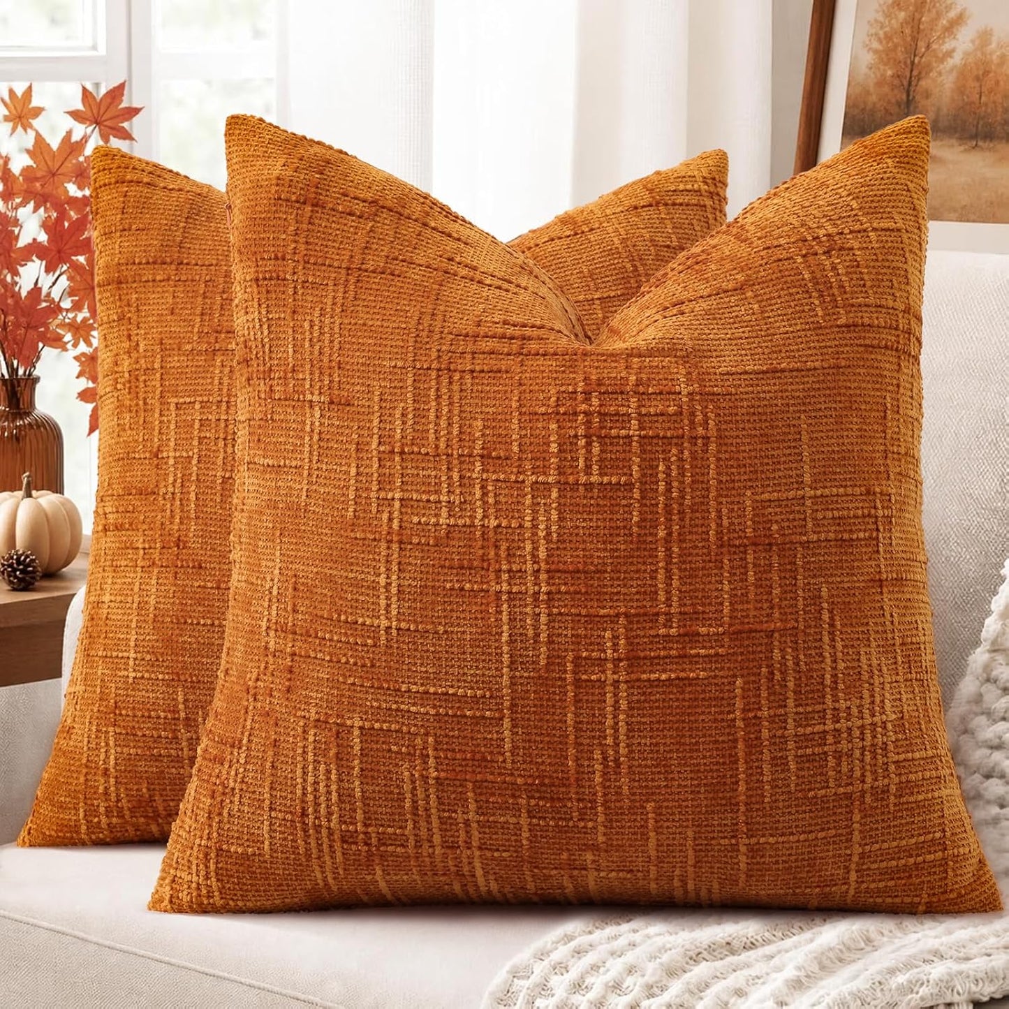 decorUhome Textured Chenille Throw Pillow Covers 18x18 Set of 2 Rust