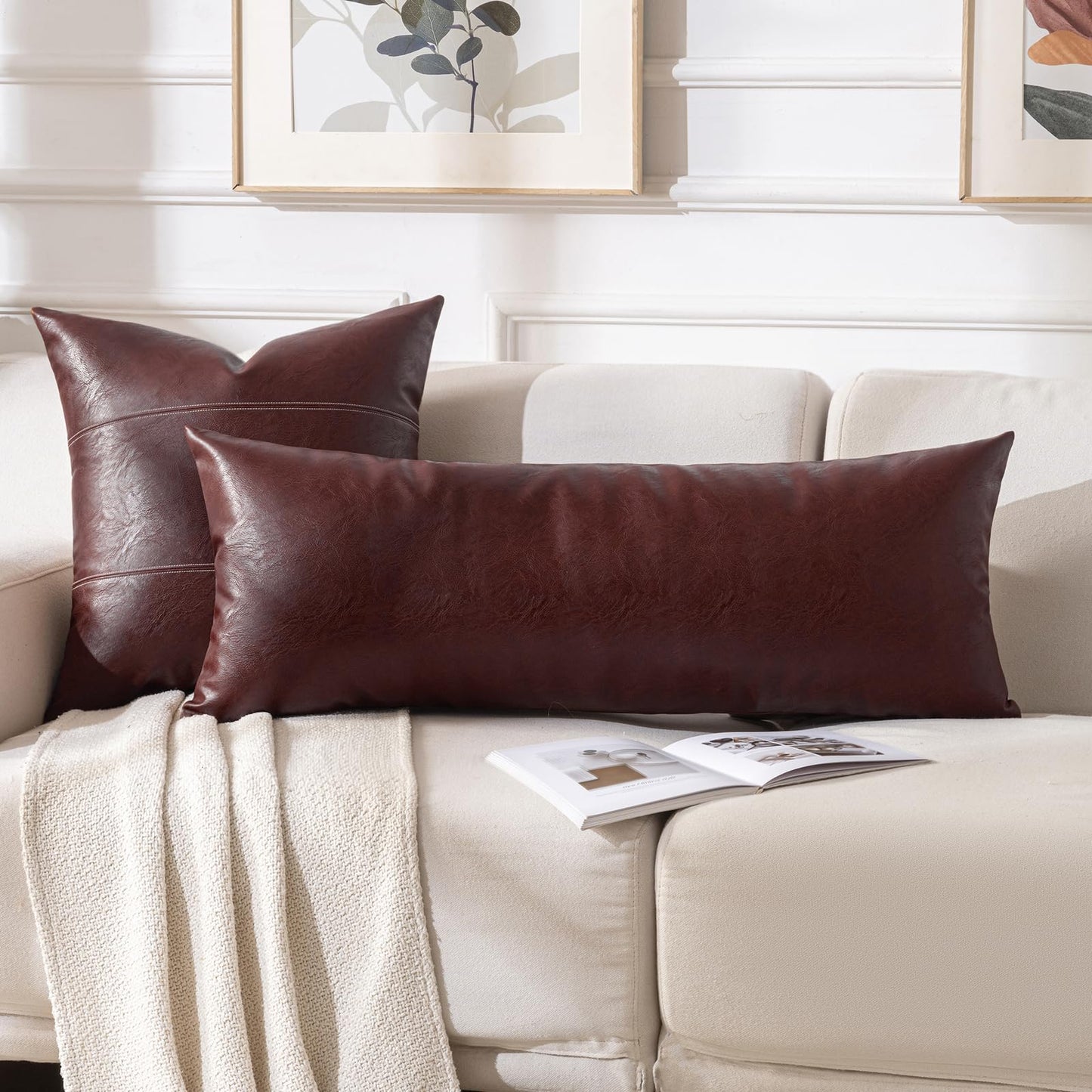 Fancy Homi Brown Boho Long Lumbar Faux Leather Body Decorative Throw Pillow Cover 14x36 Inch for Bedroom Couch Bed Bench, Thick Stylish Solid Rectangle Pillowcase, Rustic Modern Farmhouse Room Decor