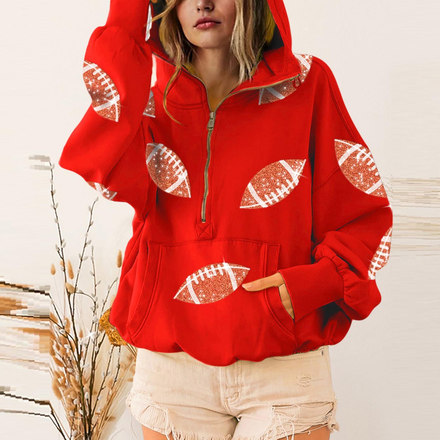 SeekMe Women Game Day Sweatshirt Sequin Football Hoodies Pullover Fall Top