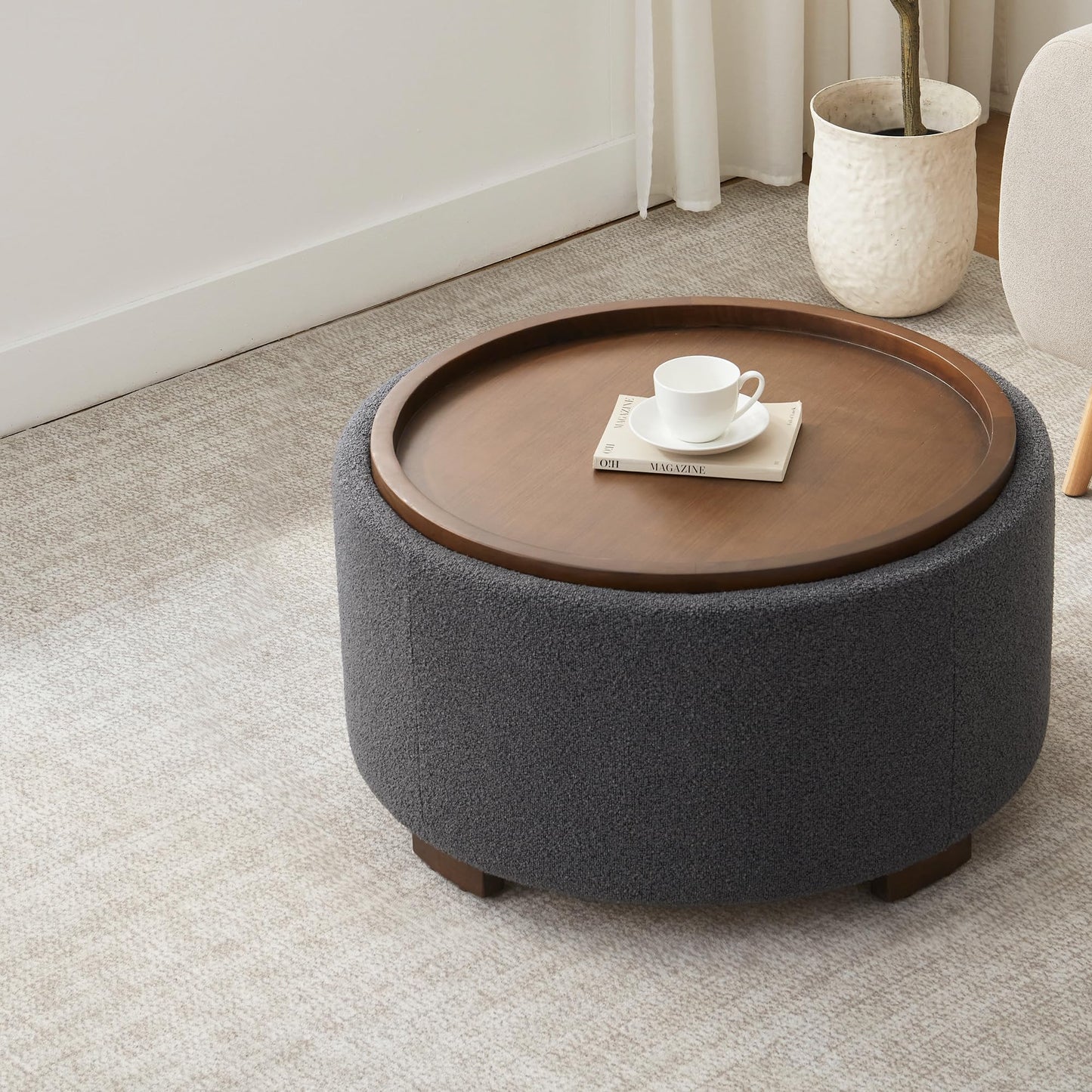 Zihanhome 30 Inch Round Storage Ottoman, Ottoman Coffee Table with Lift Off Lid, Boucle Modern Ottomans with Storage for Living Room, Bedroom, Apartments (Green)