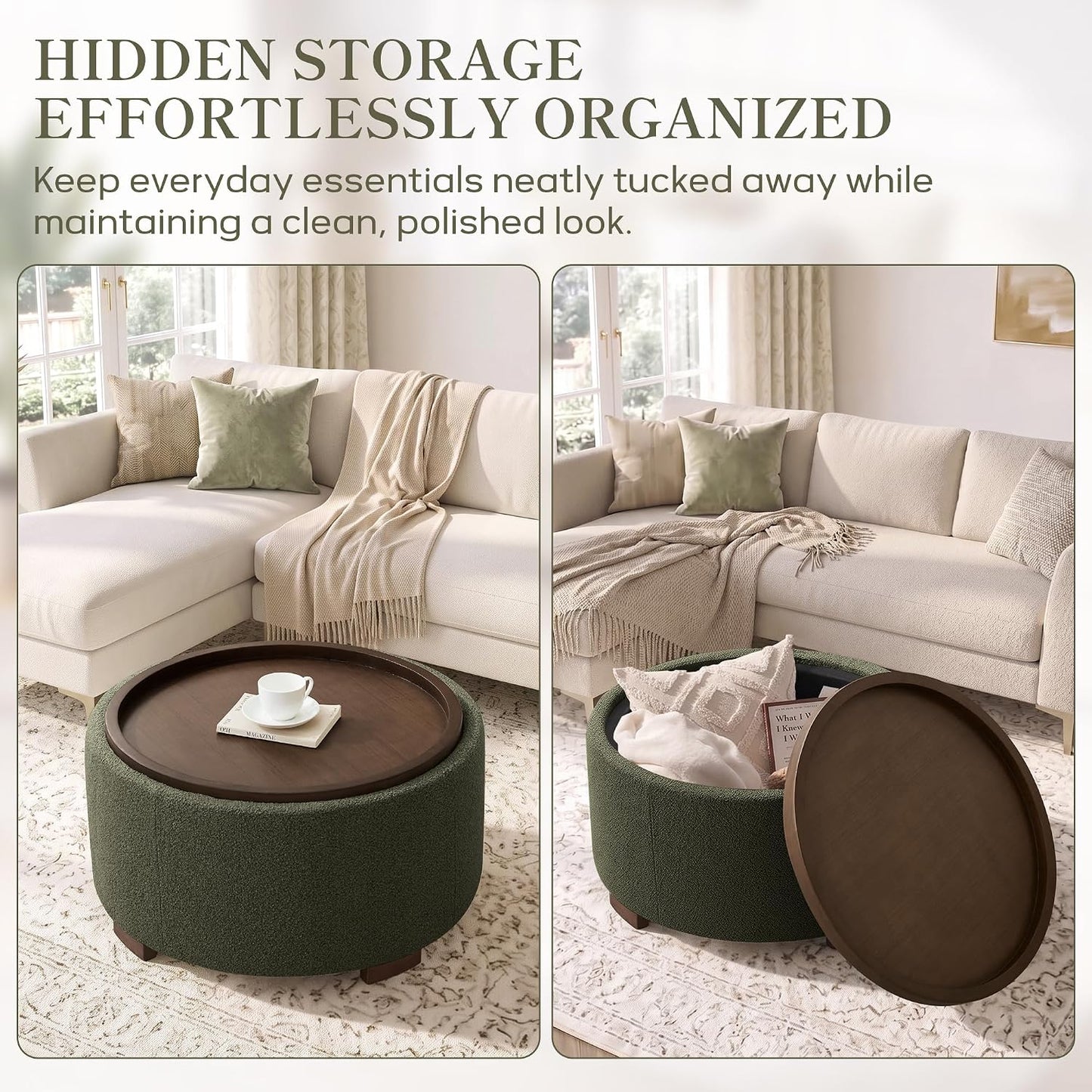 Zihanhome 30 Inch Round Storage Ottoman, Ottoman Coffee Table with Lift Off Lid, Boucle Modern Ottomans with Storage for Living Room, Bedroom, Apartments (Green)