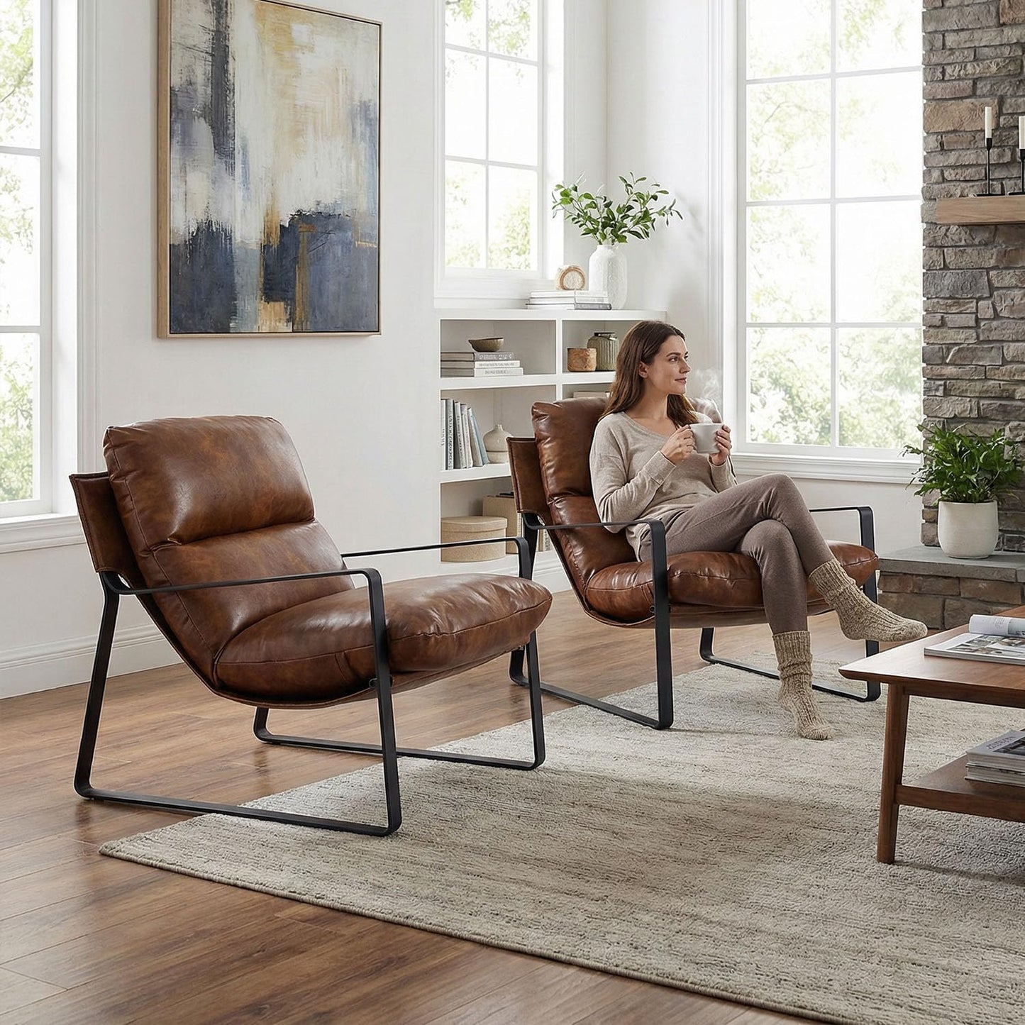 LukeAlon Modern PU Leather Accent Armchair, Brown