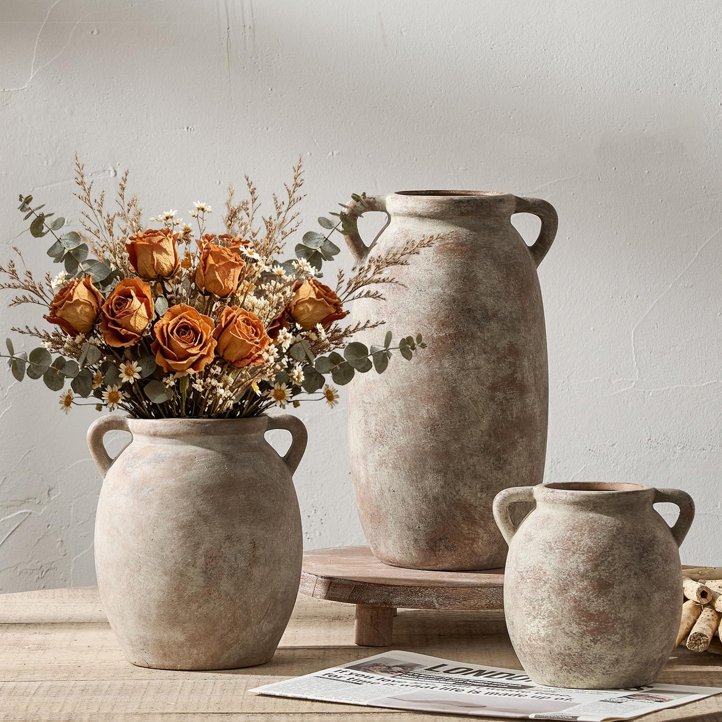Dobbyby Ceramic Flower Vase 12 inch Farmhouse Rustic Vase Decorative Pottery Terracotta Tall Vases for Home Decor Table Mantle Fireplace Living Room Bathroom Wedding Centerpiece (Large-Terracota)