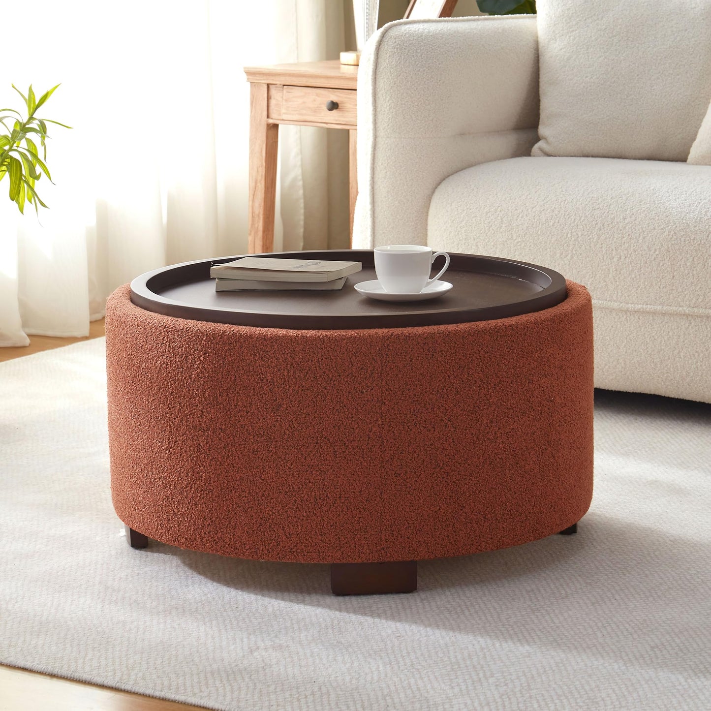 Zihanhome 30 Inch Round Storage Ottoman, Ottoman Coffee Table with Lift Off Lid, Boucle Modern Ottomans with Storage for Living Room, Bedroom, Apartments (Green)