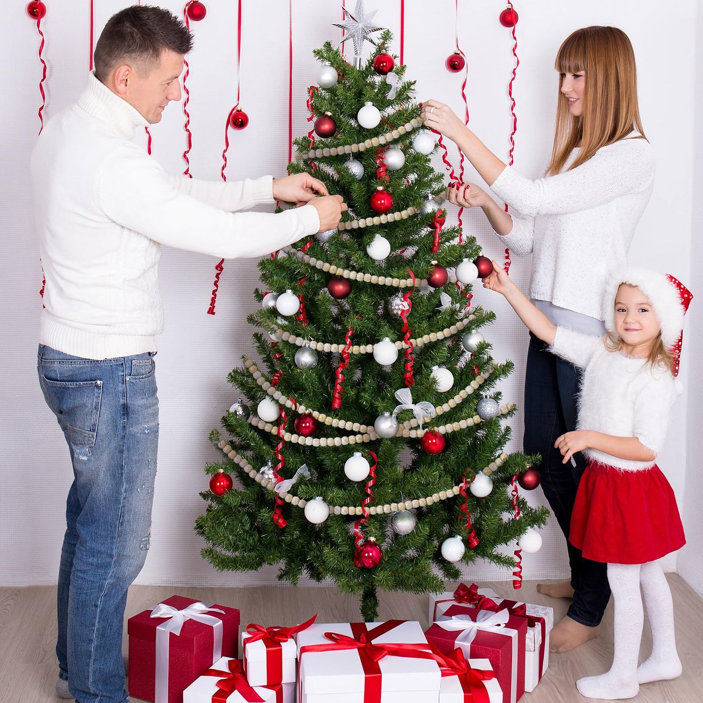 WILLBOND 16 Feet Wood Bead Garland Christmas Tree, Wood Color
