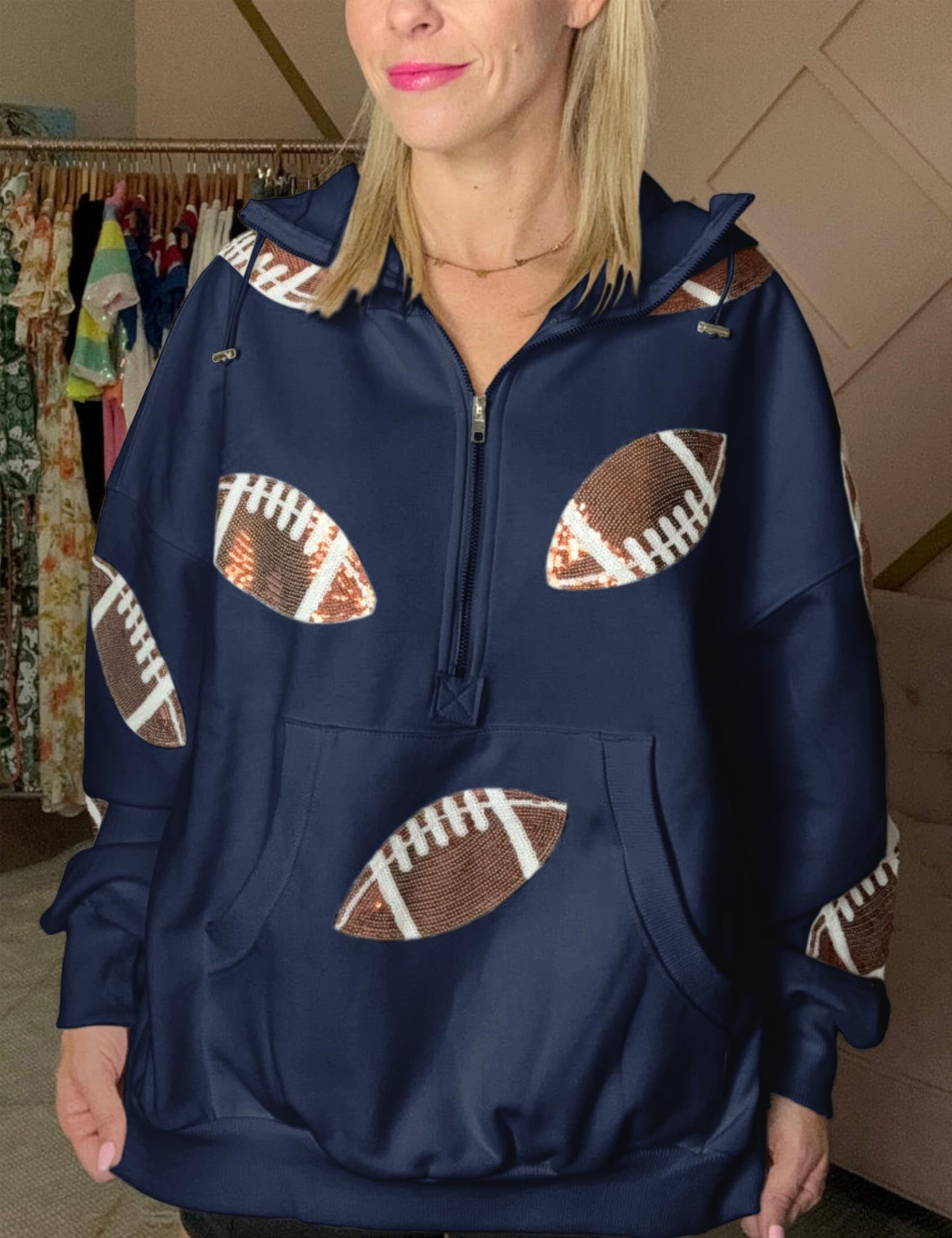 SeekMe Women Game Day Sweatshirt Sequin Football Hoodies Pullover Fall Top