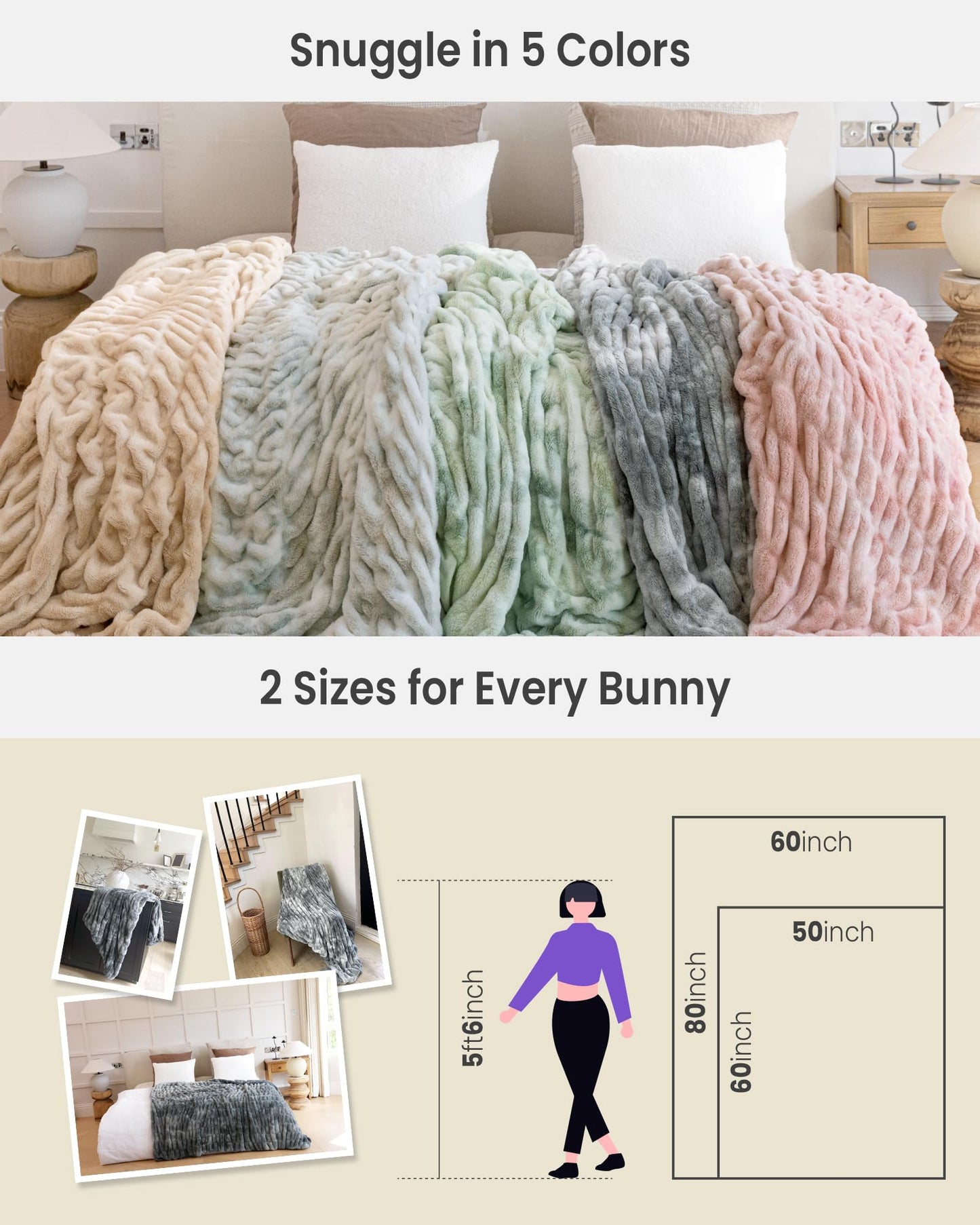 Ultra Soft Cozy Faux Fur Throw Blanket, Fuzzy Plush Thick Bubble Blanket, Oversize Luxury Fluffy Blanket for Couch, Sofa, Bedroom, and Living Room, 50x60 Inches, Light Brown