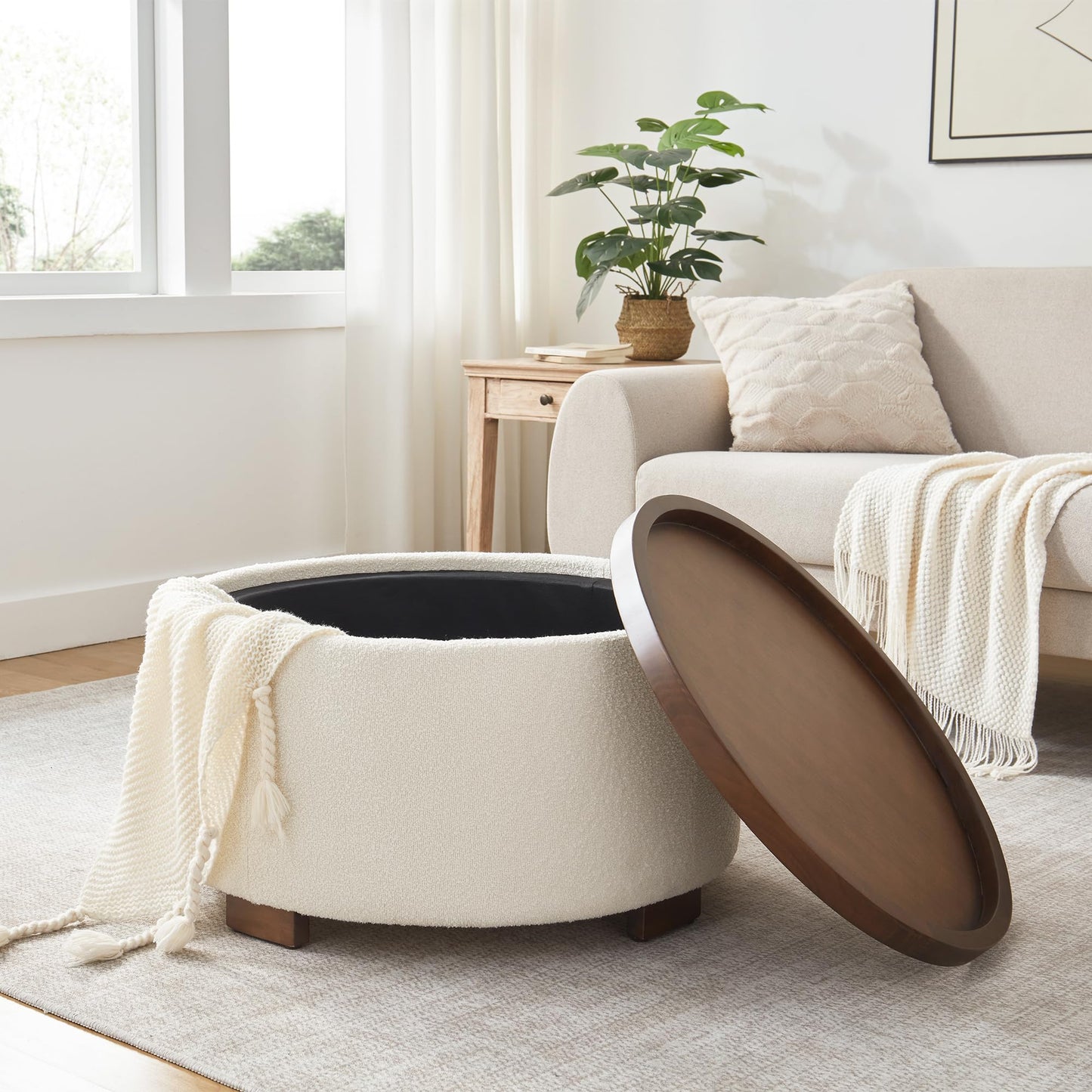 Zihanhome 30 Inch Round Storage Ottoman, Ottoman Coffee Table with Lift Off Lid, Boucle Modern Ottomans with Storage for Living Room, Bedroom, Apartments (Green)