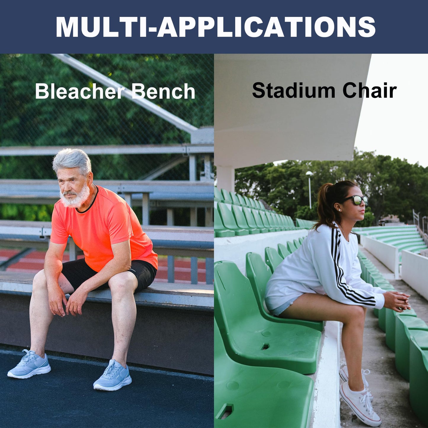 Stadium Seat Cushions 2-Pack 3-Pack, Portable Bleacher Cushions, Waterproof Oxford Fabric, Zipper Design, (Black, 2-Pack)