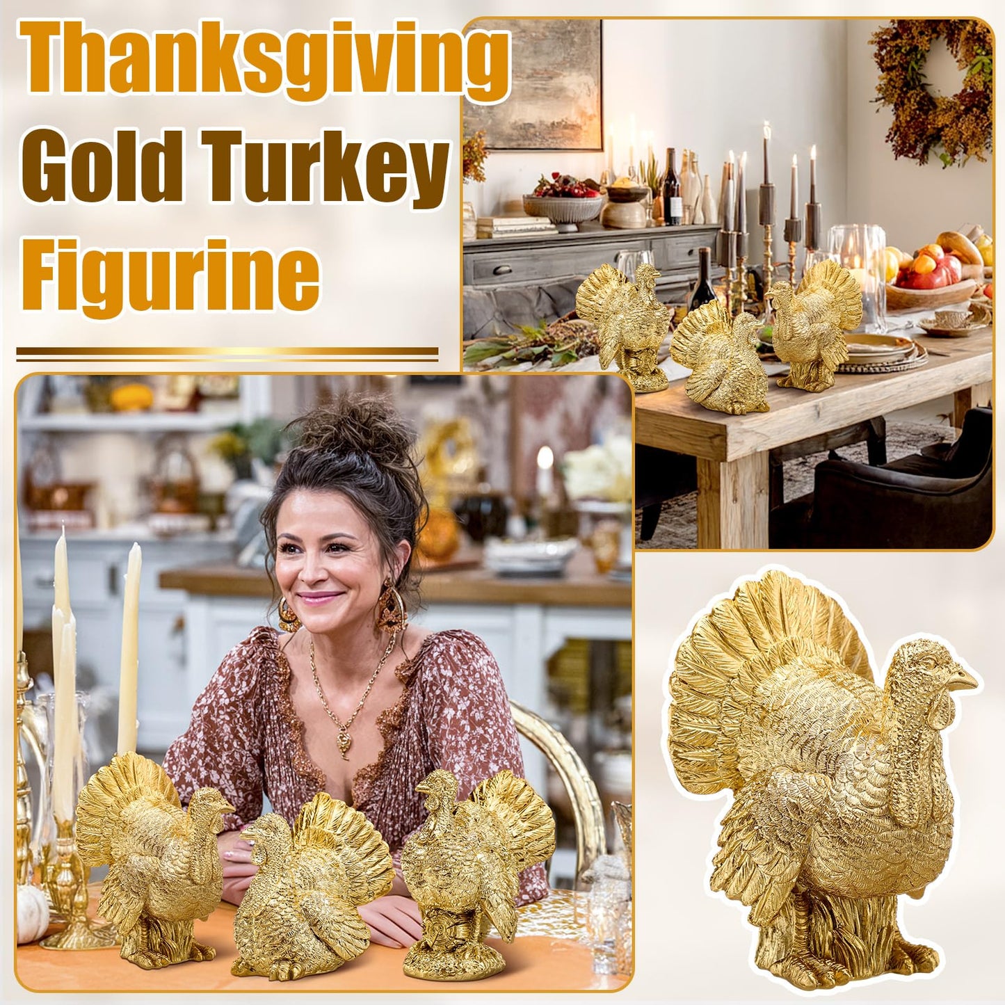 VioraWhite 3 Pack Fall Pumpkin Decor White Gold Resin Pumpkin Figurine