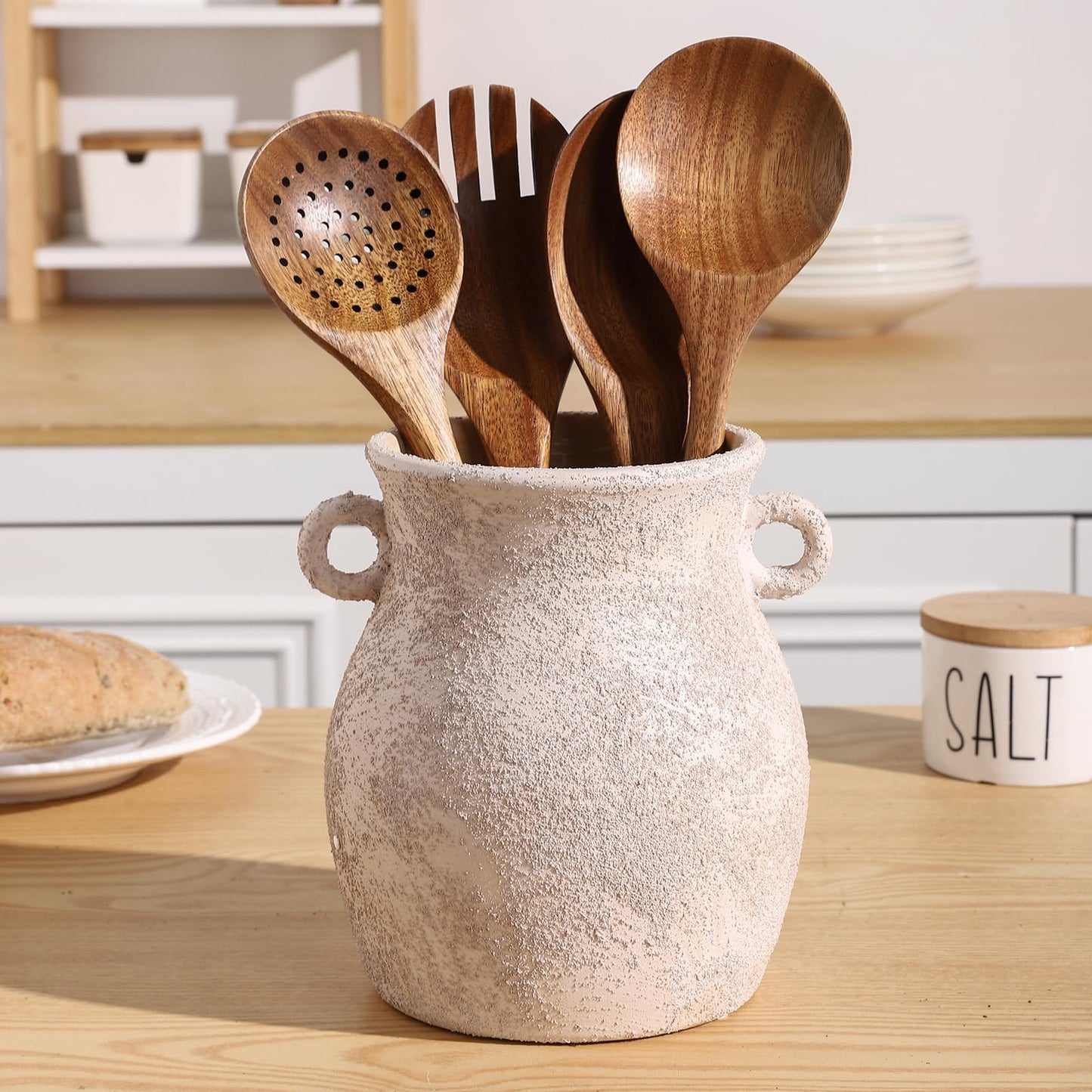 Ceramic Farmhouse Kitchen Utensil Holder for Countertop, Rustic Cooking Utensil Holder Crock Fit for Kitchen Counter.