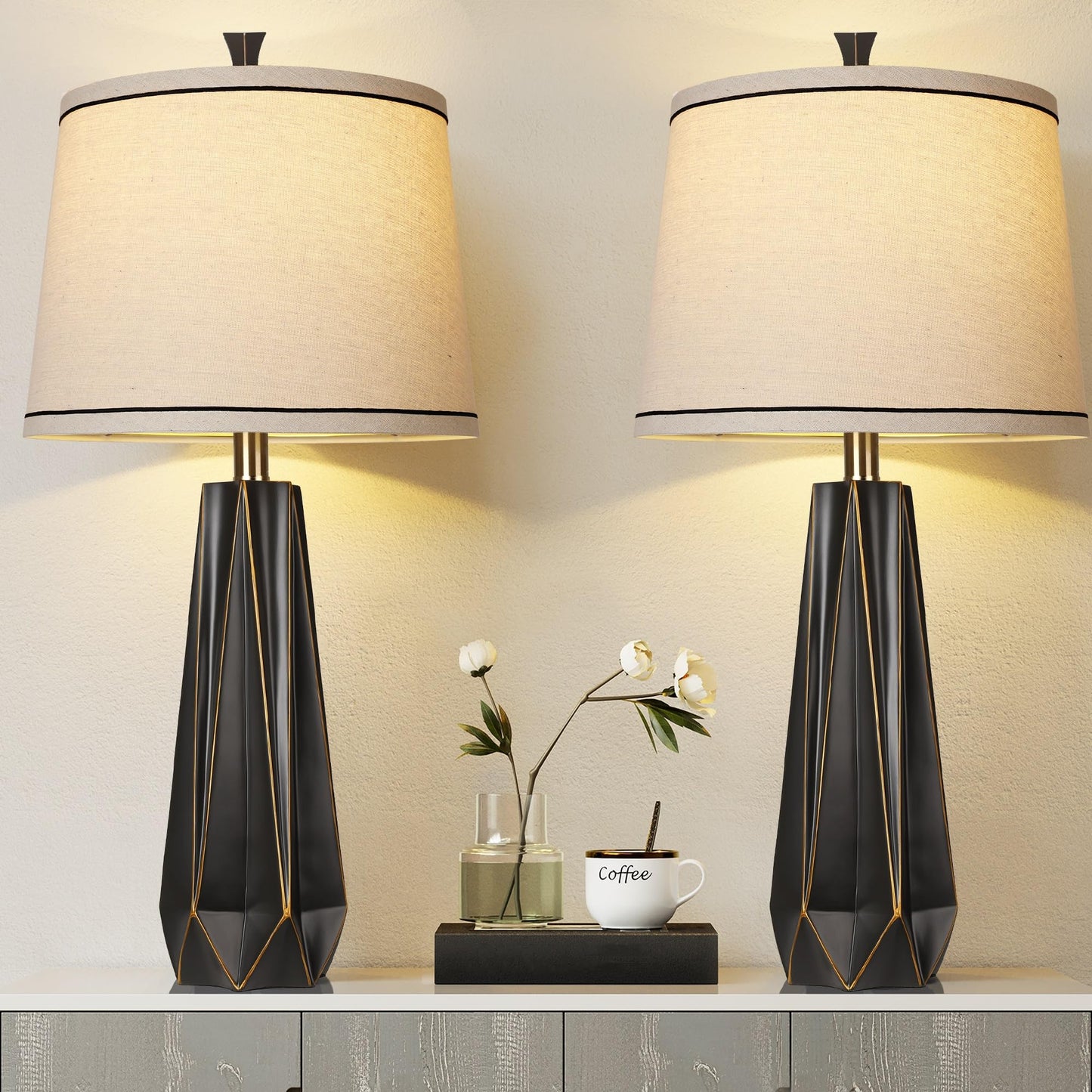 WIHTU 27" Wood Grain Resin Table Lamp Set of 2,Modern Beside Lamp for Decor