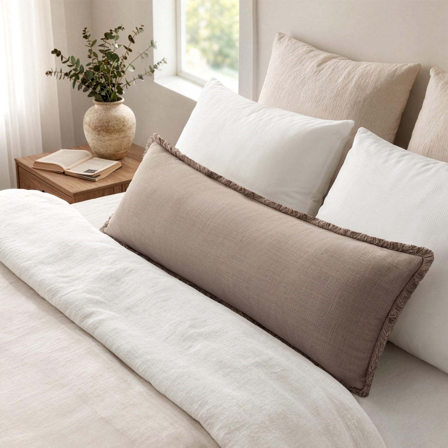 MIULEE 14x36 Long Linen Lumbar Pillow Covers Set of 1 Light Olive Green