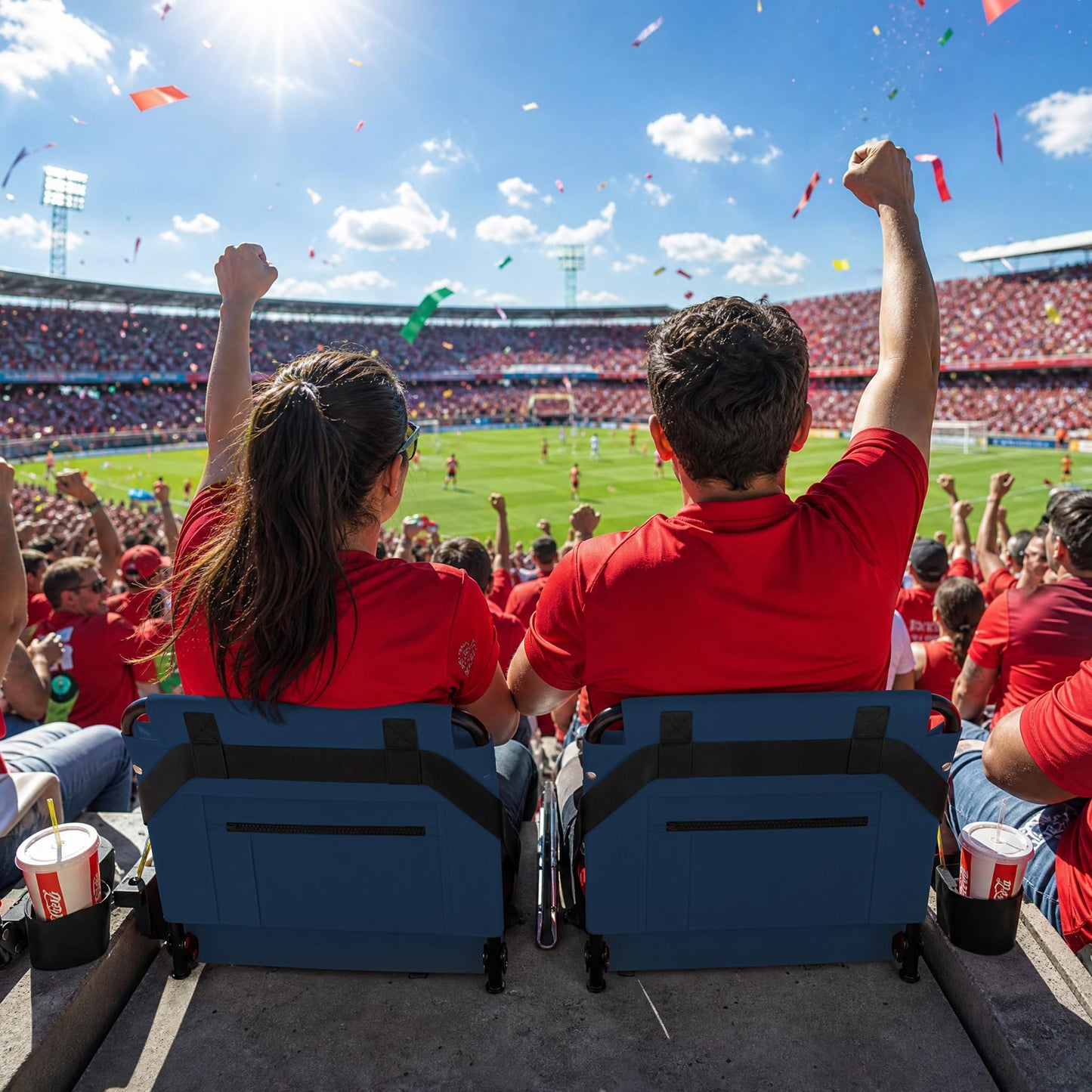 2pcs Stadium Seat for Bleachers with Back Support，Portable Bleacher Chairs with Back and Cushion，Includes Shoulder Strap and Cup Holder