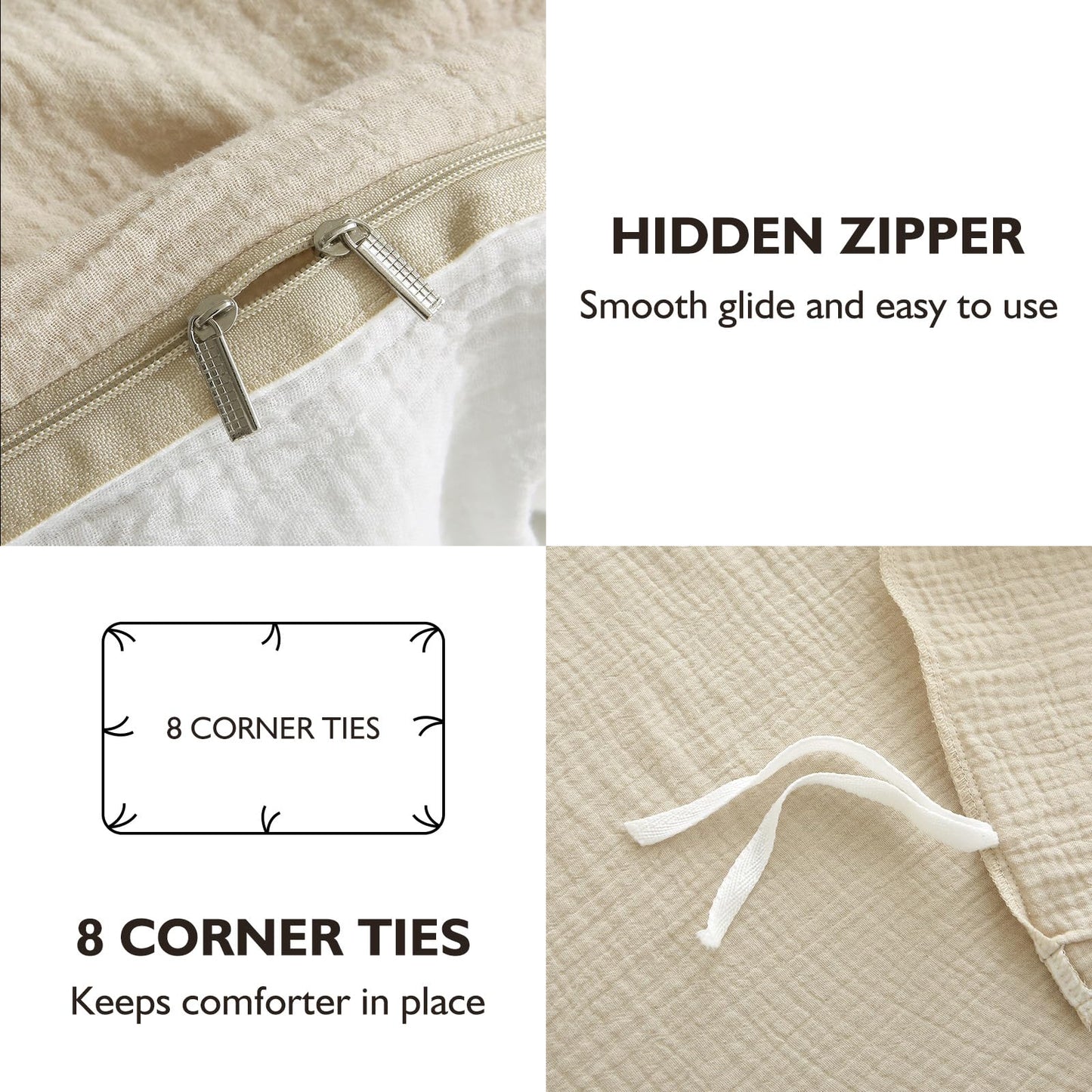EMME Muslin Cotton Duvet Cover Set Linen Like Beige Queen
