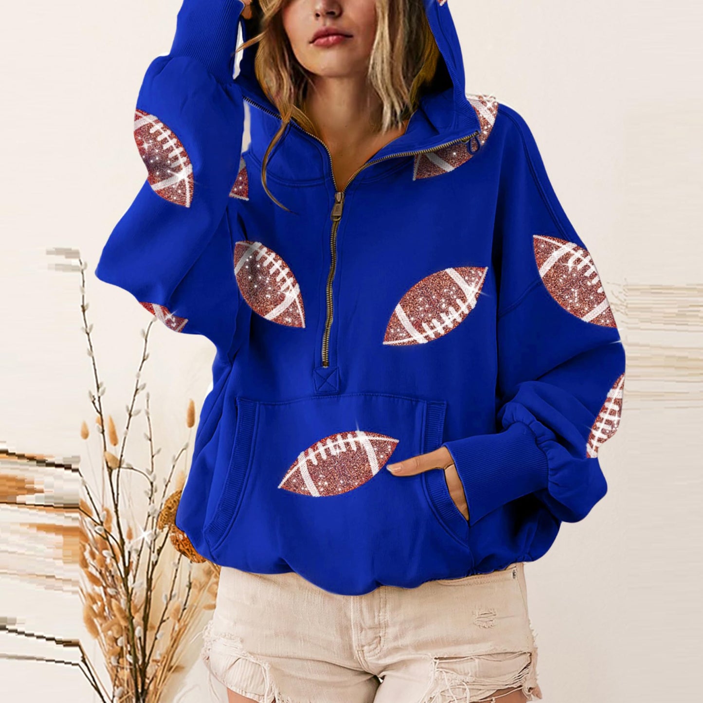 SeekMe Women Game Day Sweatshirt Sequin Football Hoodies Pullover Fall Top