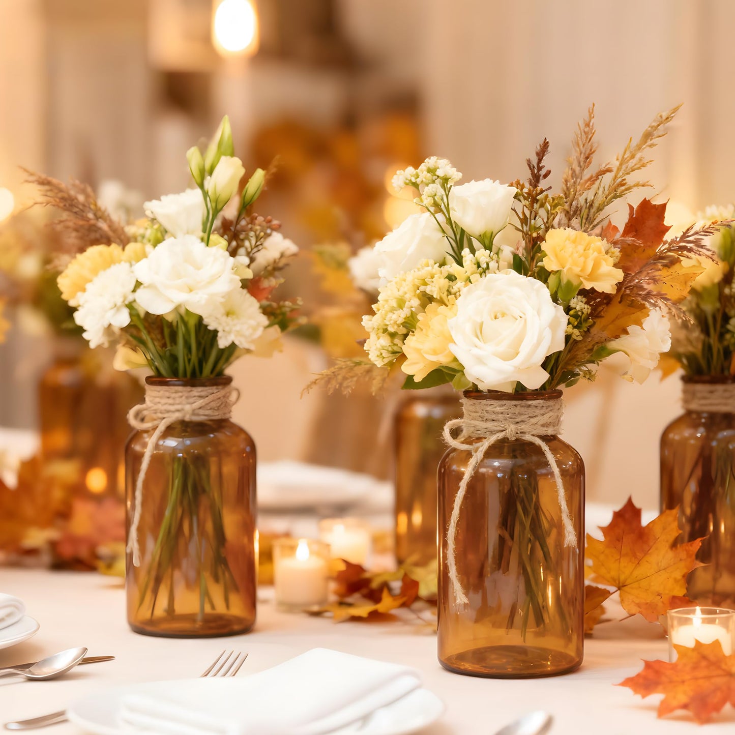3 Pack Mason Jar Vases for Centerpieces, Amber Glass Flower Vase