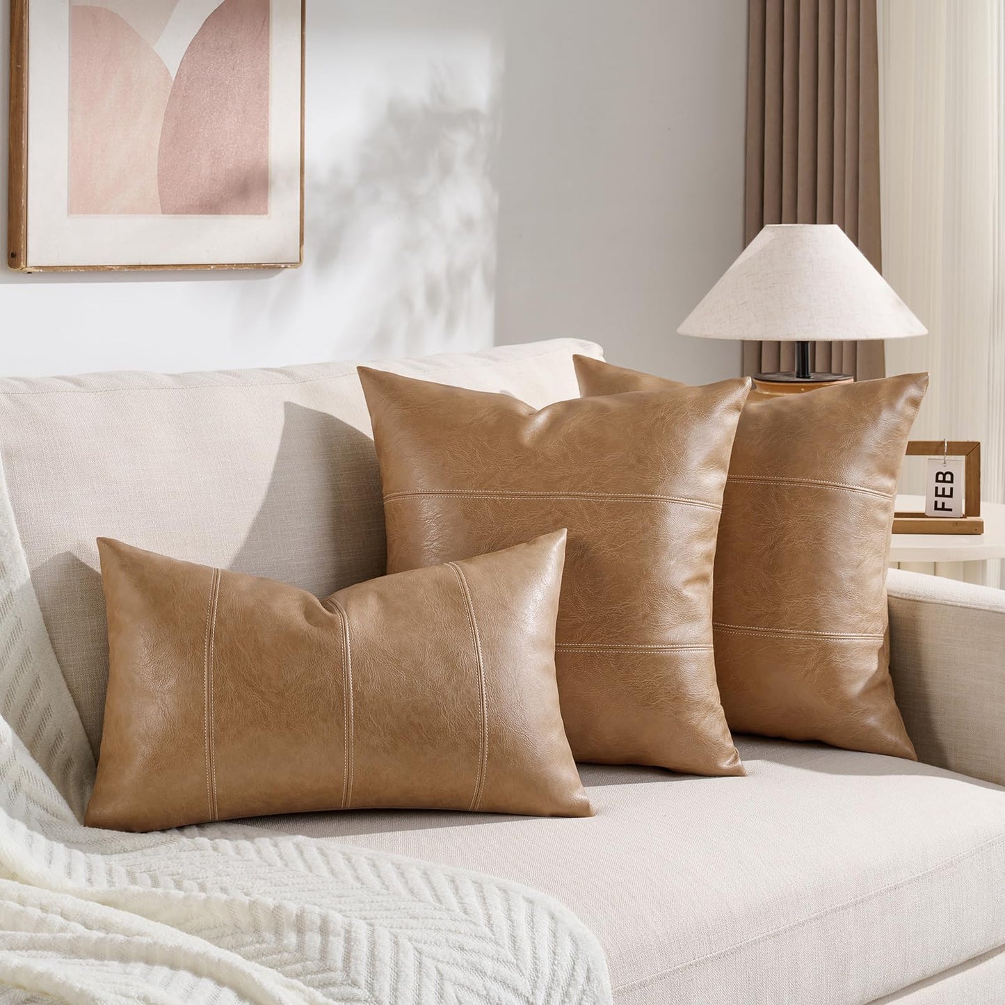 Fancy Homi Brown Boho Long Lumbar Faux Leather Body Decorative Throw Pillow Cover 14x36 Inch for Bedroom Couch Bed Bench, Thick Stylish Solid Rectangle Pillowcase, Rustic Modern Farmhouse Room Decor