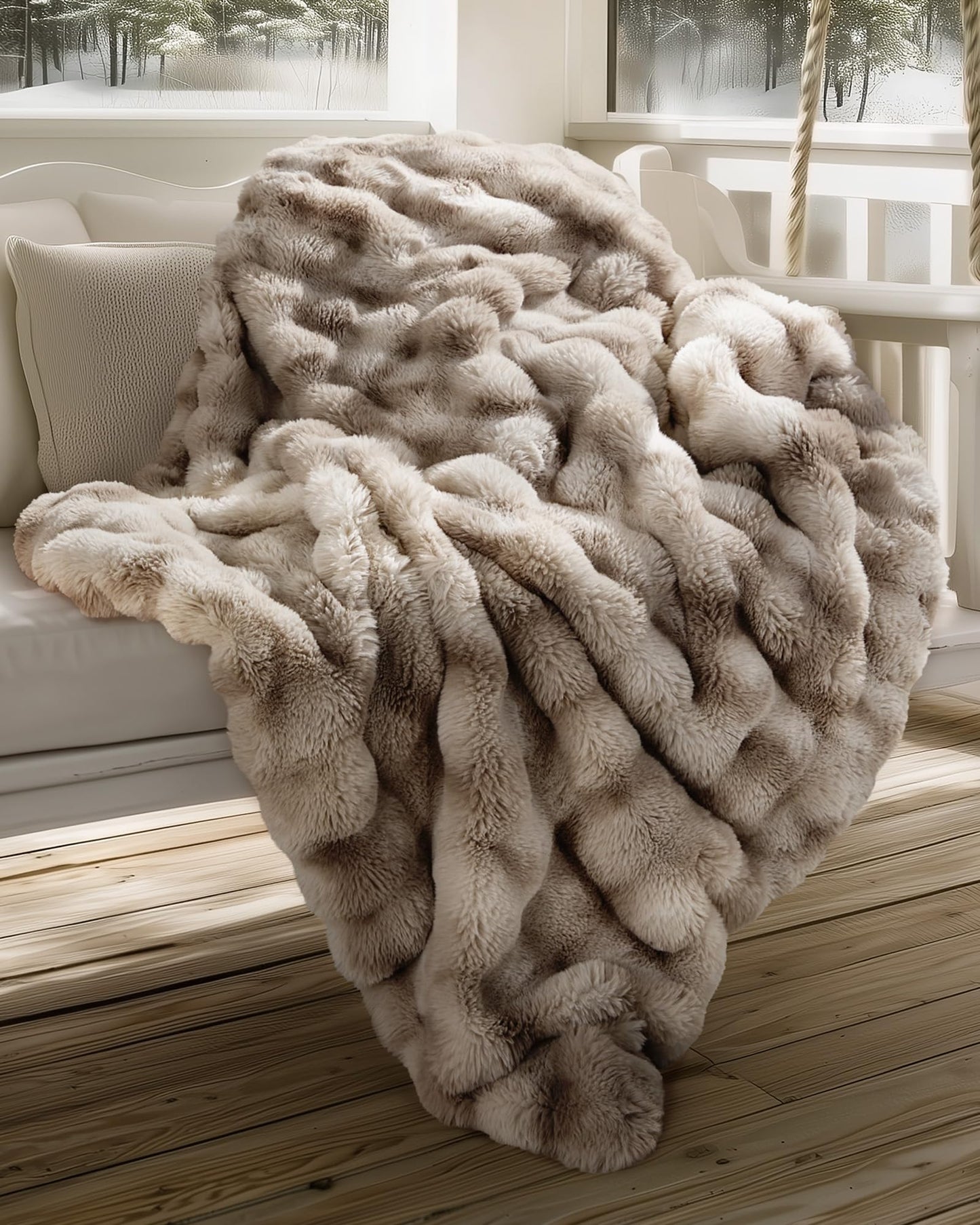 Ultra Soft Cozy Faux Fur Throw Blanket, Fuzzy Plush Thick Bubble Blanket, Oversize Luxury Fluffy Blanket for Couch, Sofa, Bedroom, and Living Room, 50x60 Inches, Light Brown